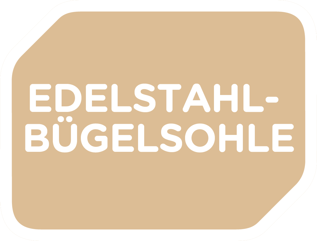 Napis "Edelstahl-Bügelsohle" na beżowym tle.