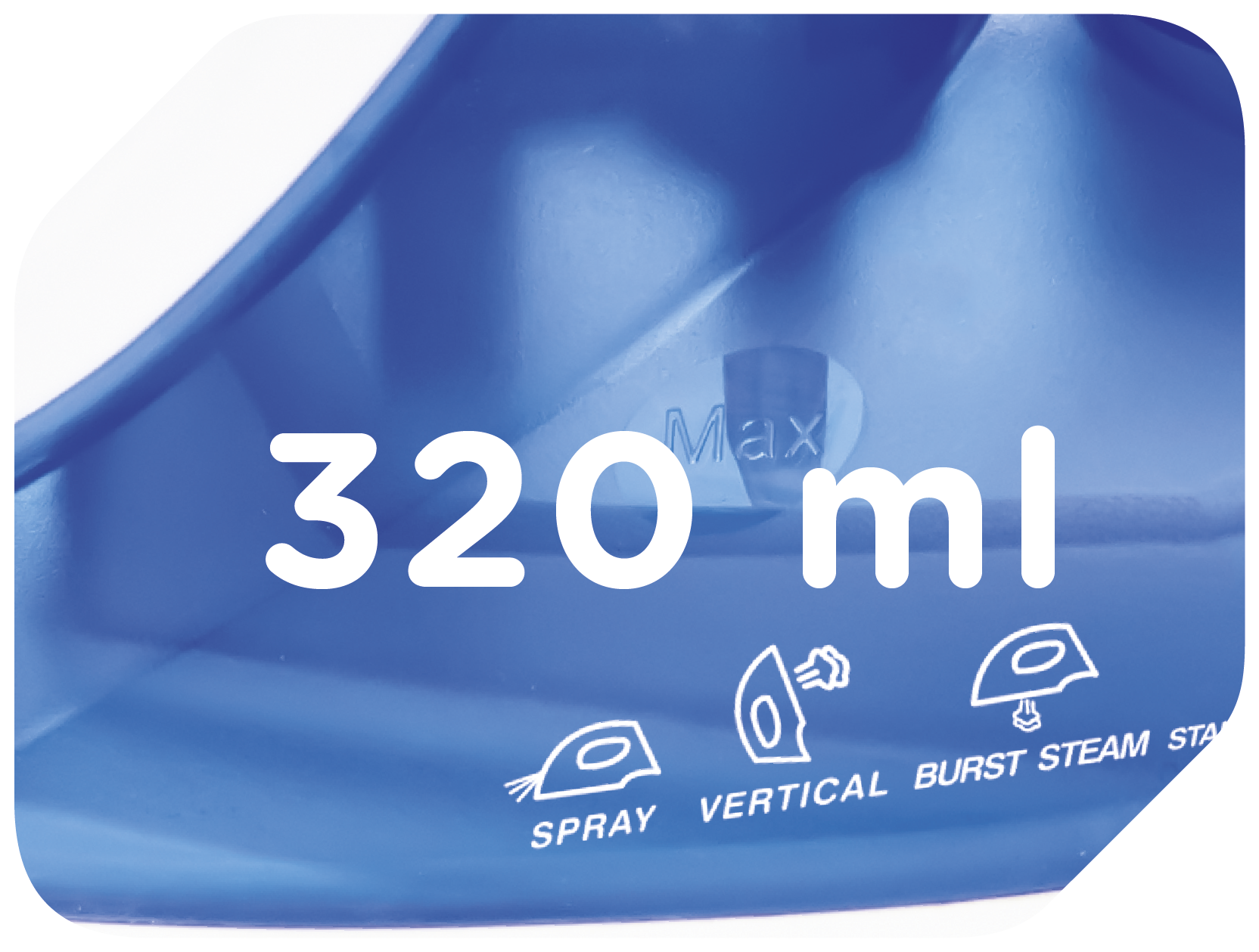 Niebieska powierzchnia z białym oznaczeniem "320 ml" i ikonami.