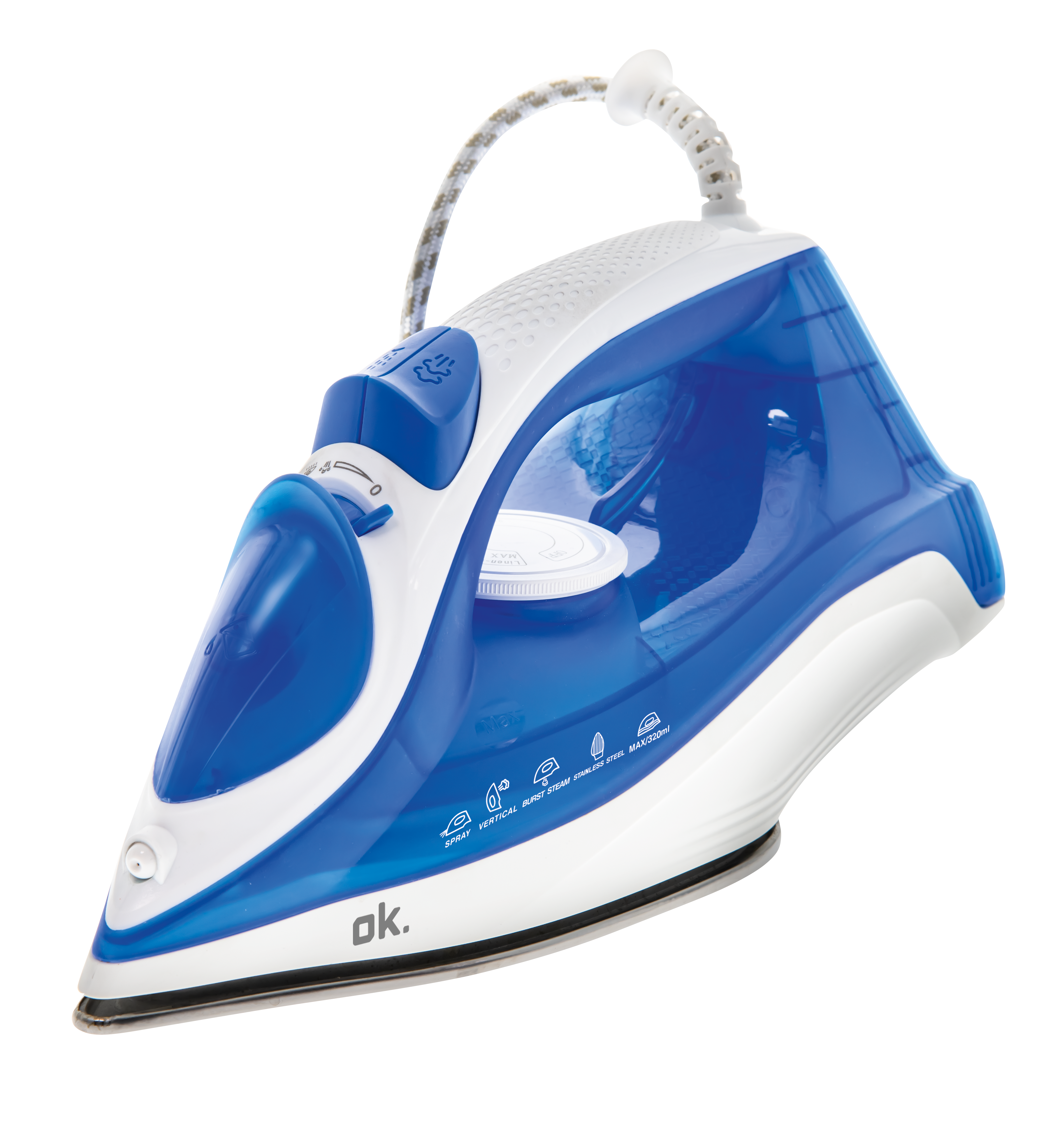 Niebiesko-białe żelazko parowe na białym tle.