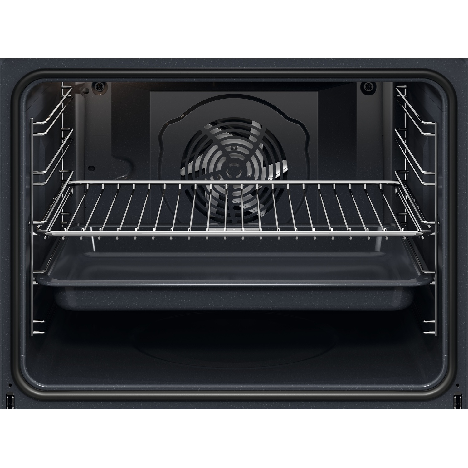 Vista interna di un forno nero con ventola, griglia e teglia.