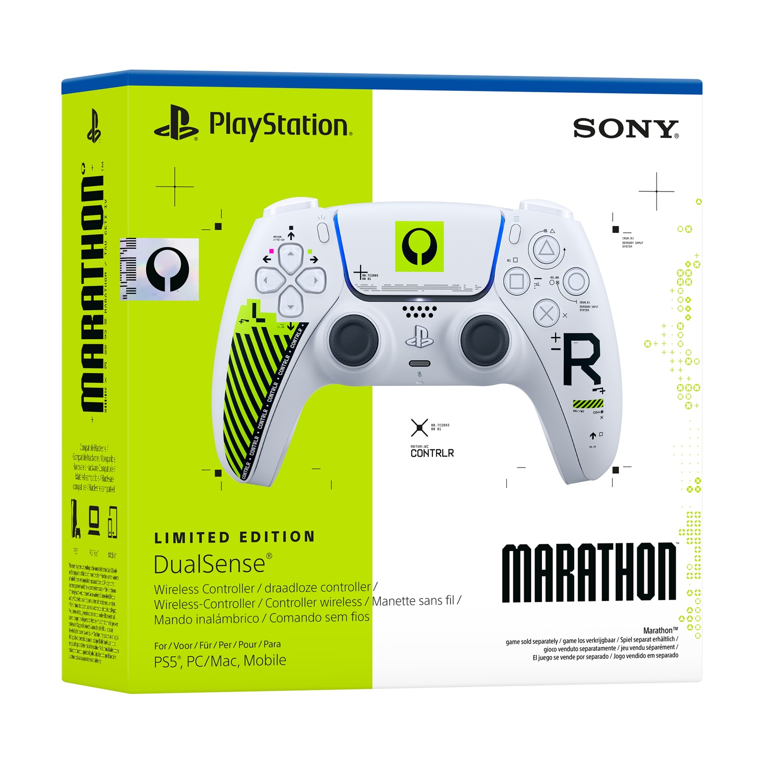 Una scatola bianca per controller PlayStation DualSense "Marathon" con accenti verdi e neri.