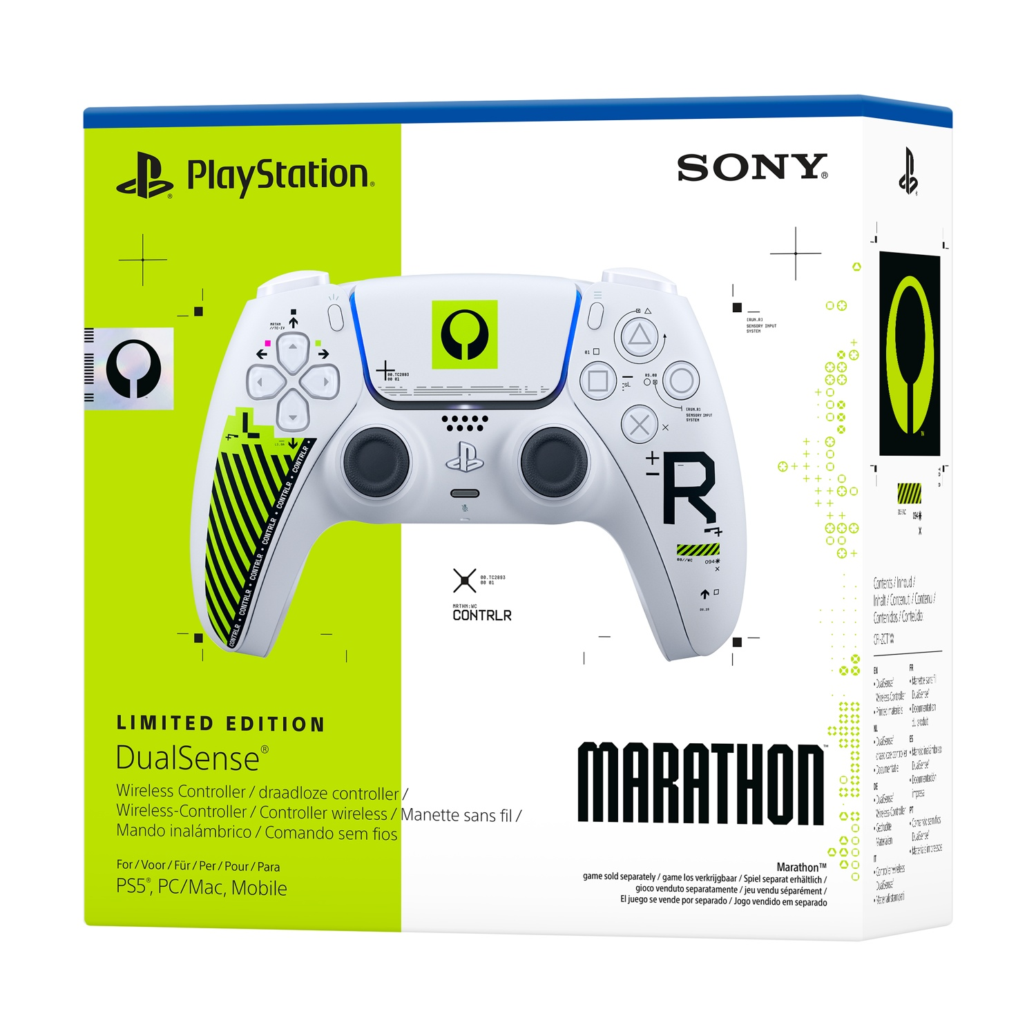 Scatola bianca controller DualSense PlayStation con accenti verdi e testo "Marathon".
