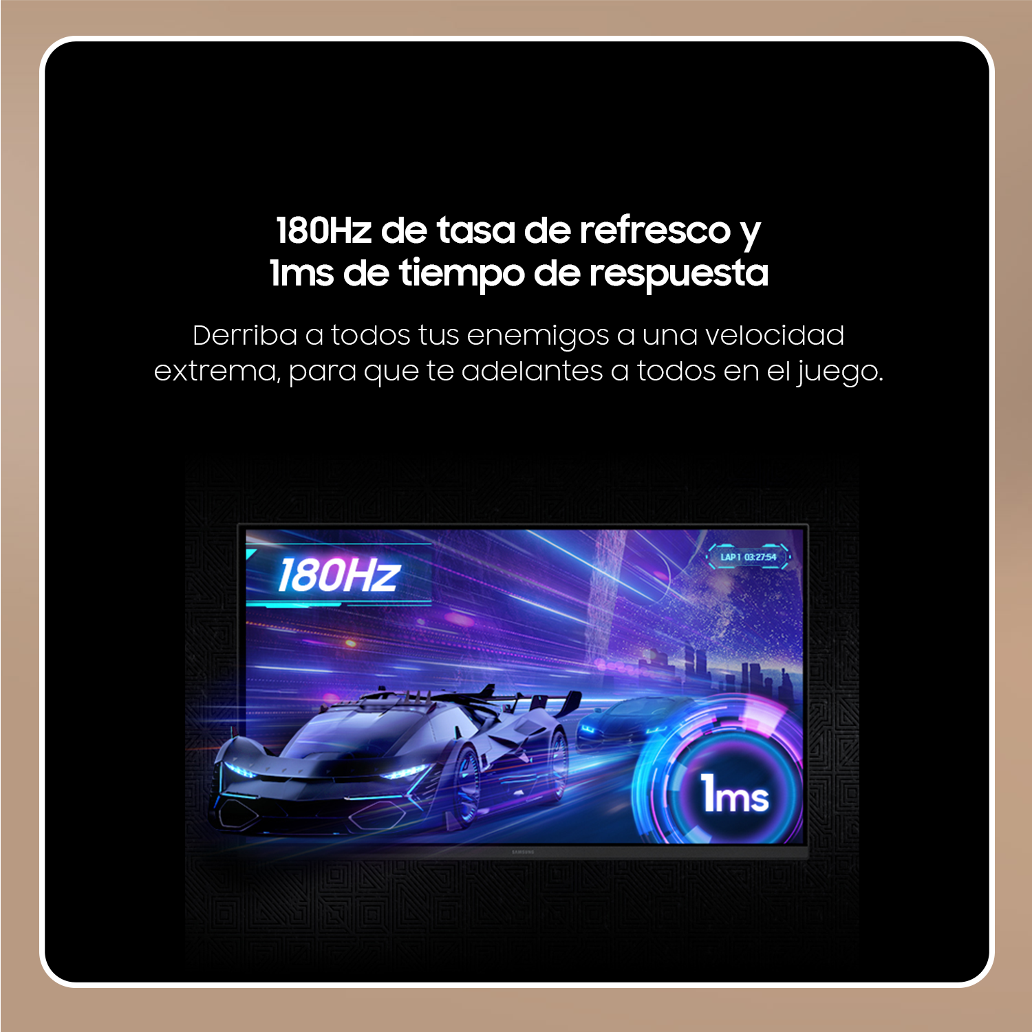 Monitor negro muestra carrera de autos con 180Hz y 1ms.