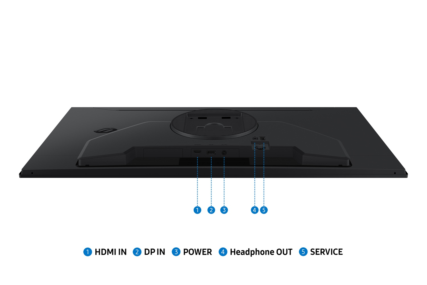 Vista trasera de un monitor negro con puertos: HDMI, DP, Energía, Auriculares, Servicio.