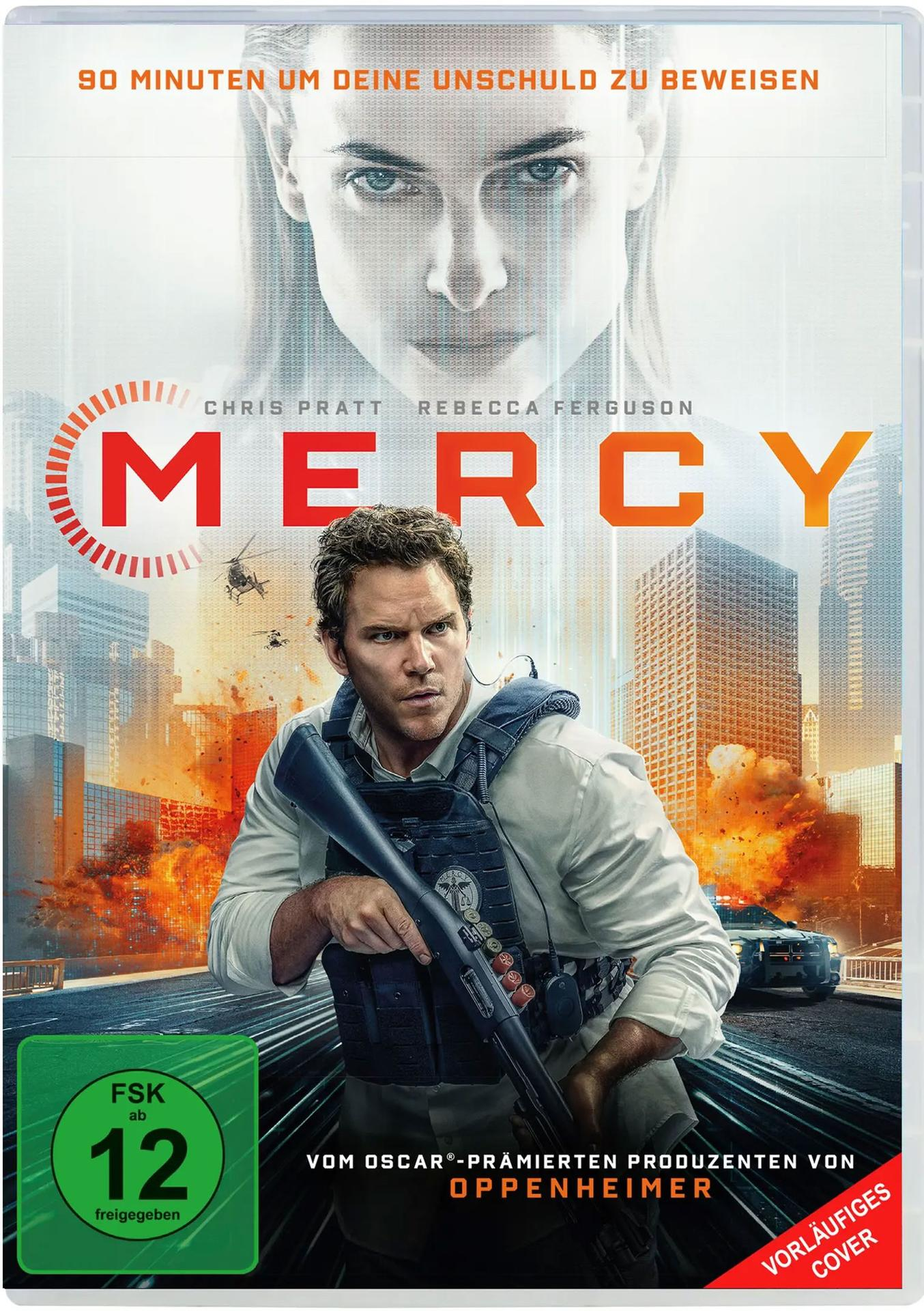 Mann mit Weste und Gewehr vor explodierender Stadtkulisse. Filmplakat.