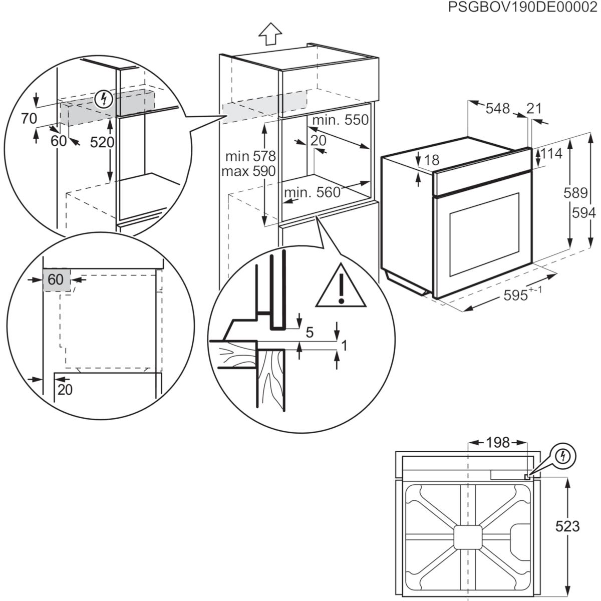 Beépíthető sütő műszaki rajza méretekkel és beépítési részletekkel.