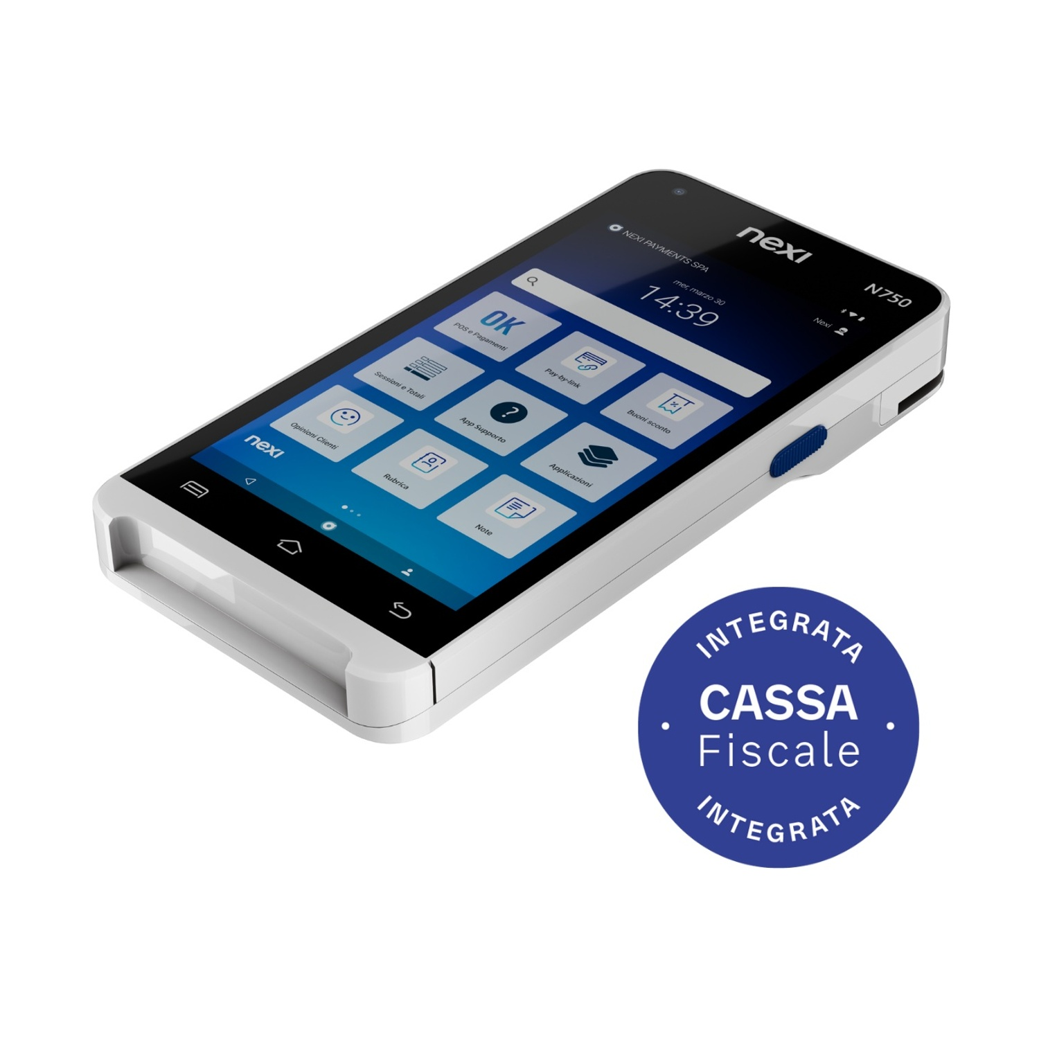 Un dispositivo Nexi N750 POS bianco con pulsante blu e schermo, con logo blu circolare.
