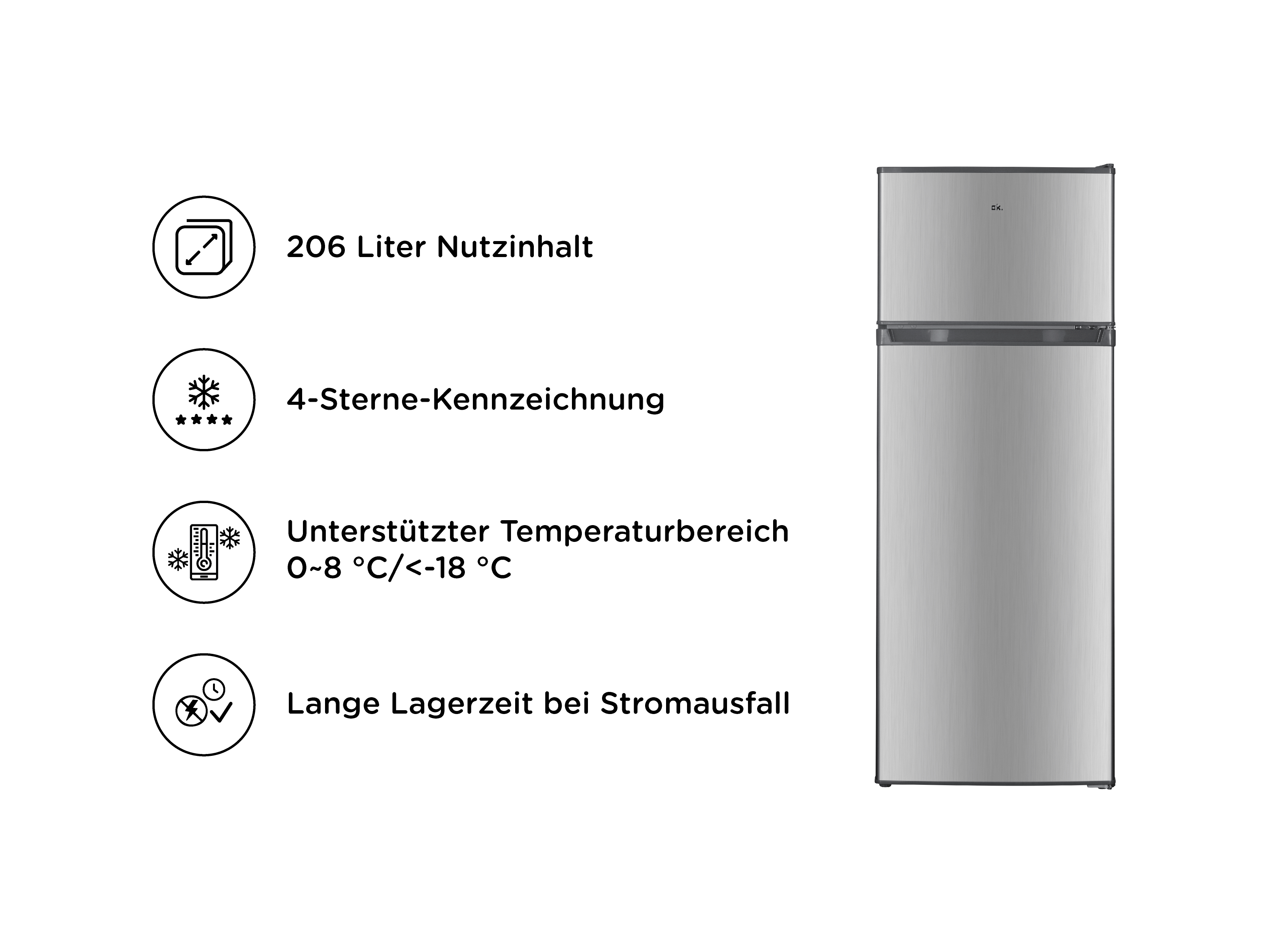 Ein silberner Kühlschrank mit Gefrierfach, 206L, 4 Sterne, Temperaturbereich 0-8°C/-18°C.