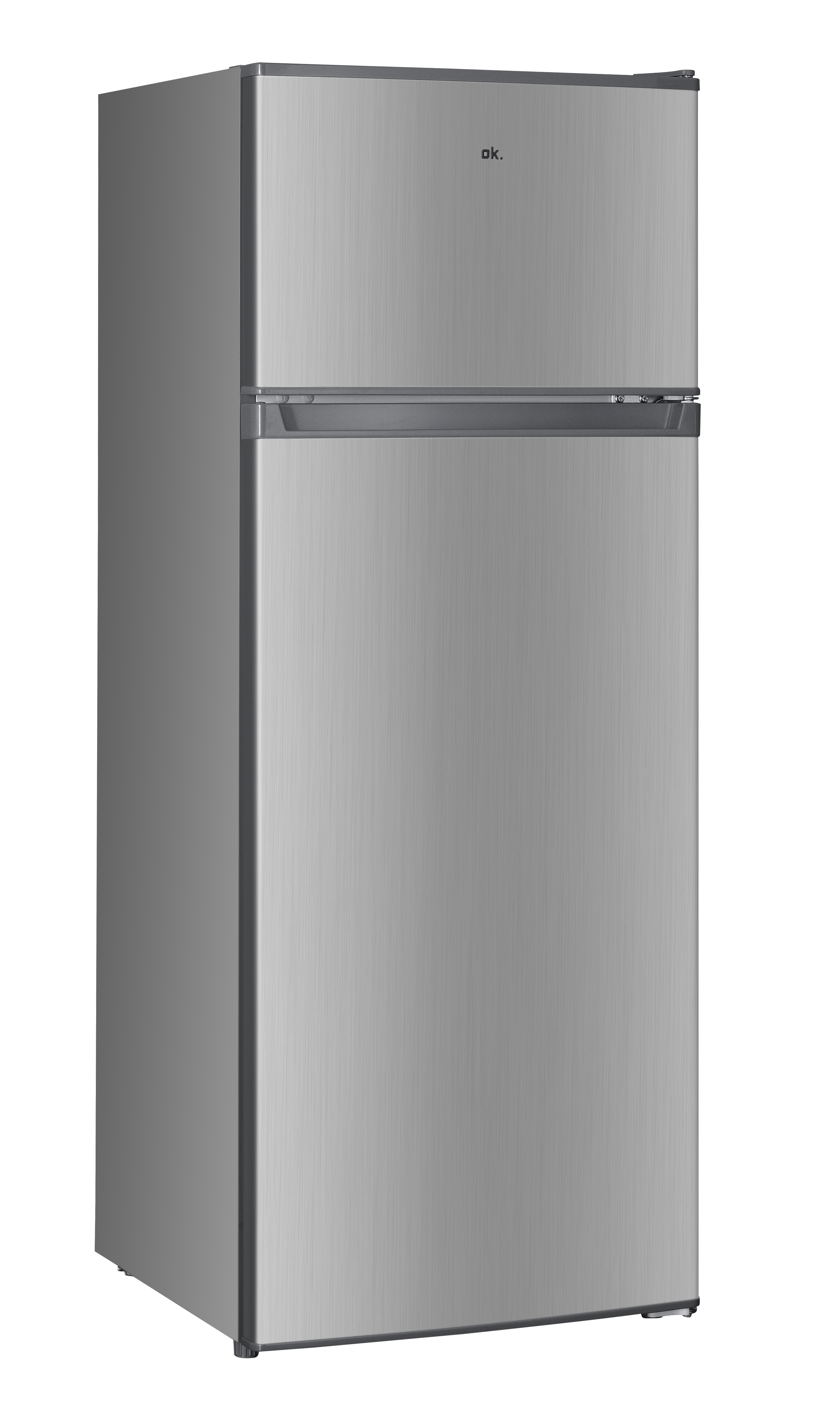 Ein silberner Kühlschrank mit zwei Türen.