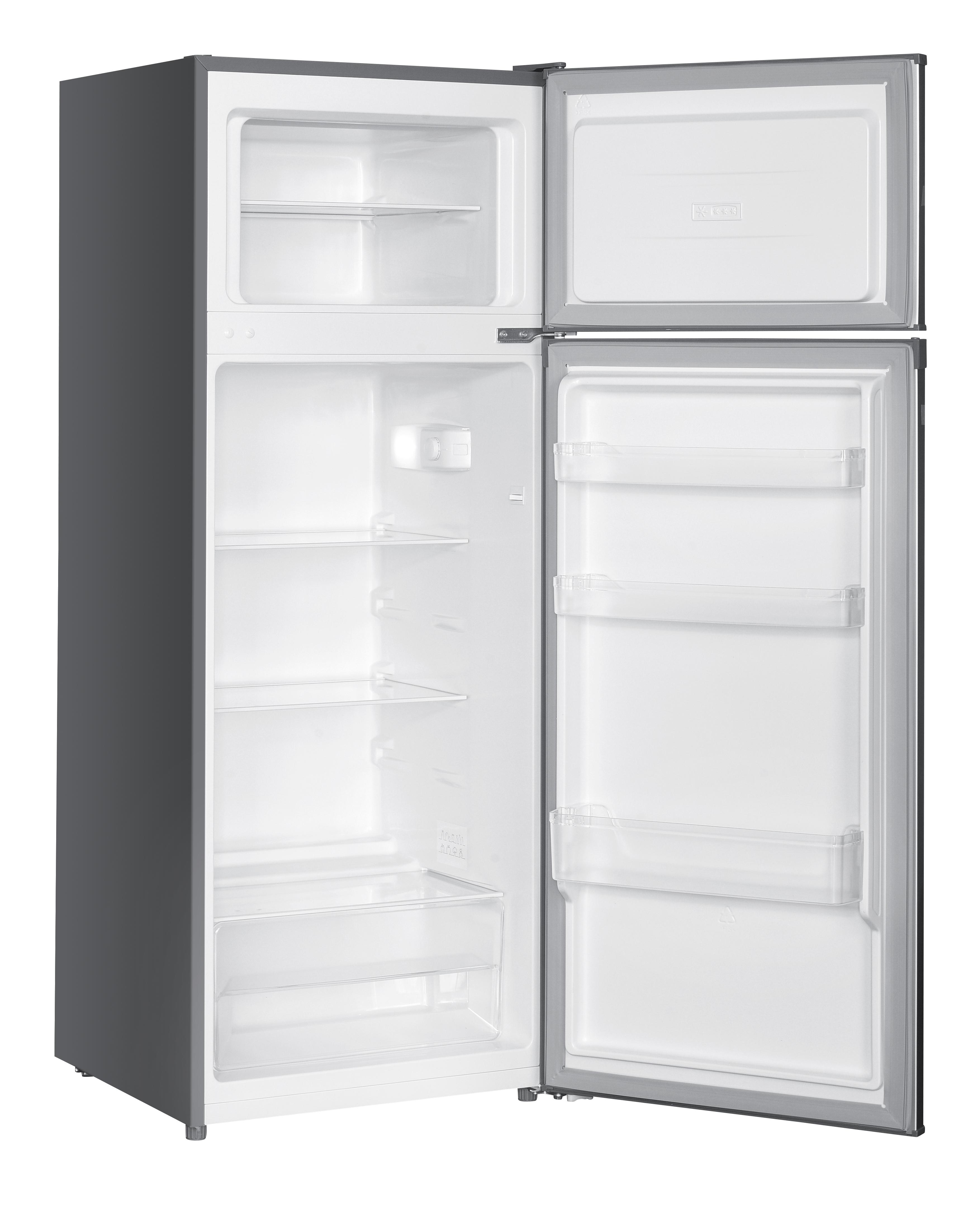 Ein offener, grauer Kühlschrank mit zwei Türen und weißen Innenregalen.