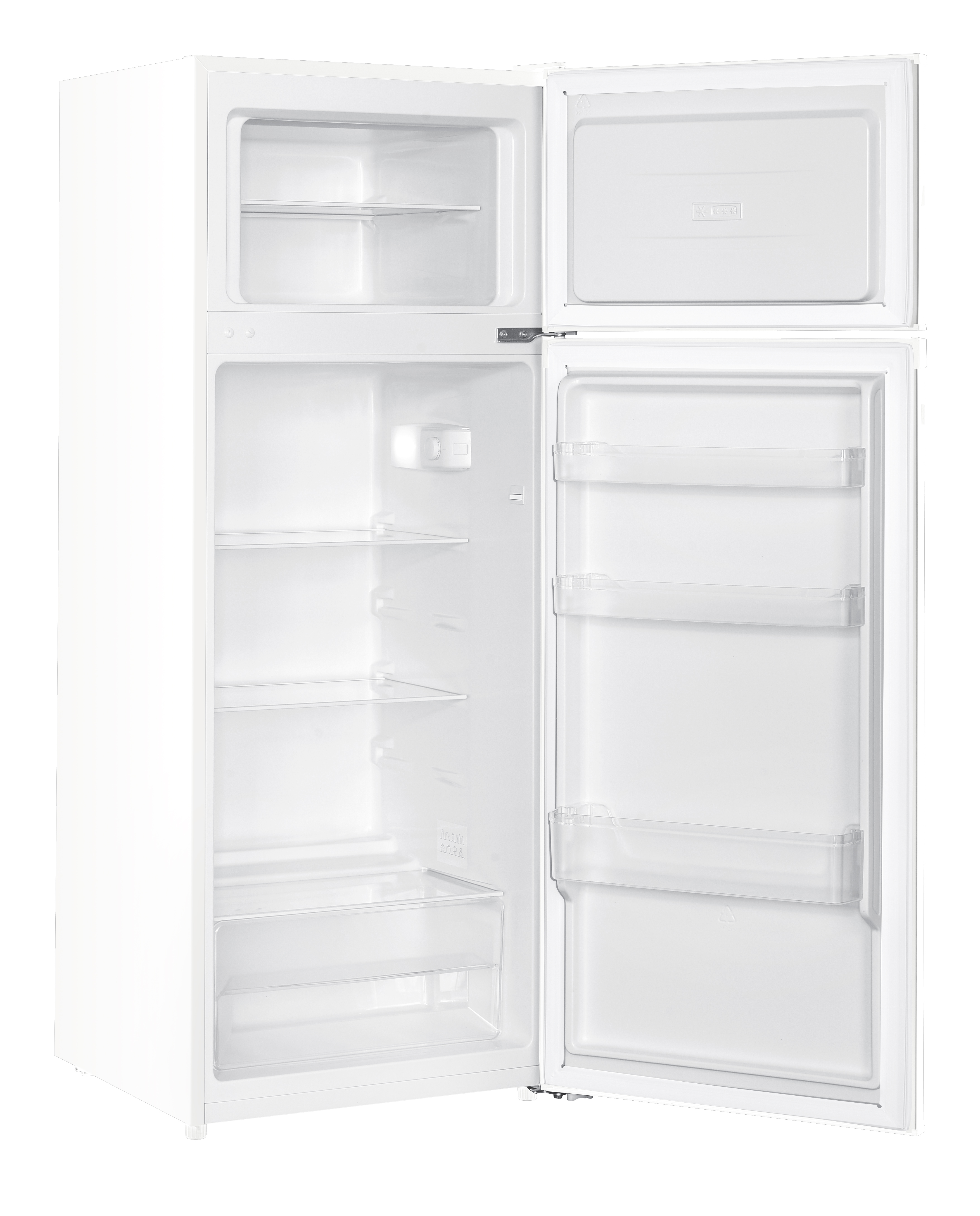 Ein weißer Kühlschrank mit offener Tür, leer, mit Regalen und Schubladen.