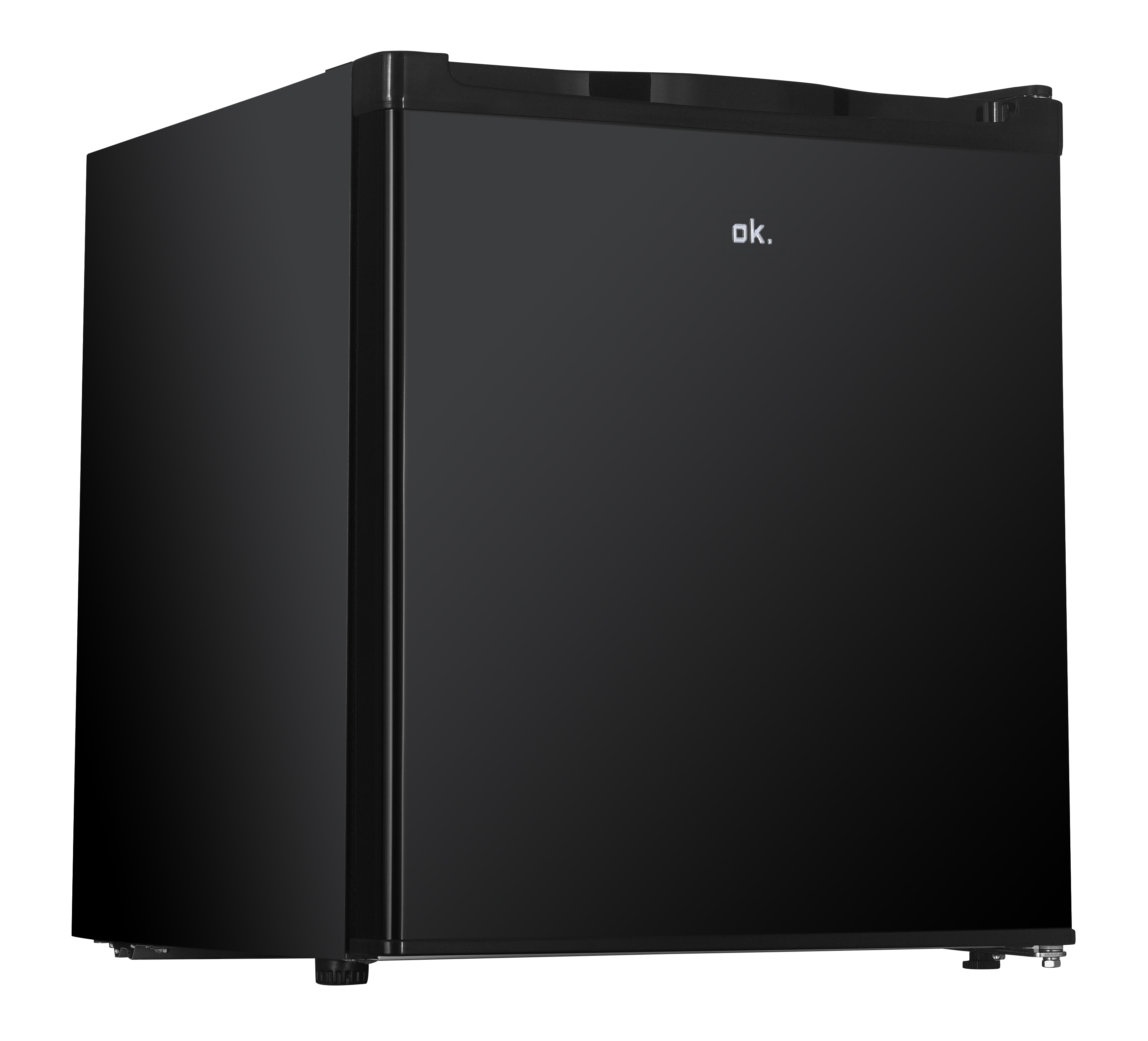 Ein schwarzer, kompakter Kühlschrank mit dem "ok."-Logo auf der Vorderseite.