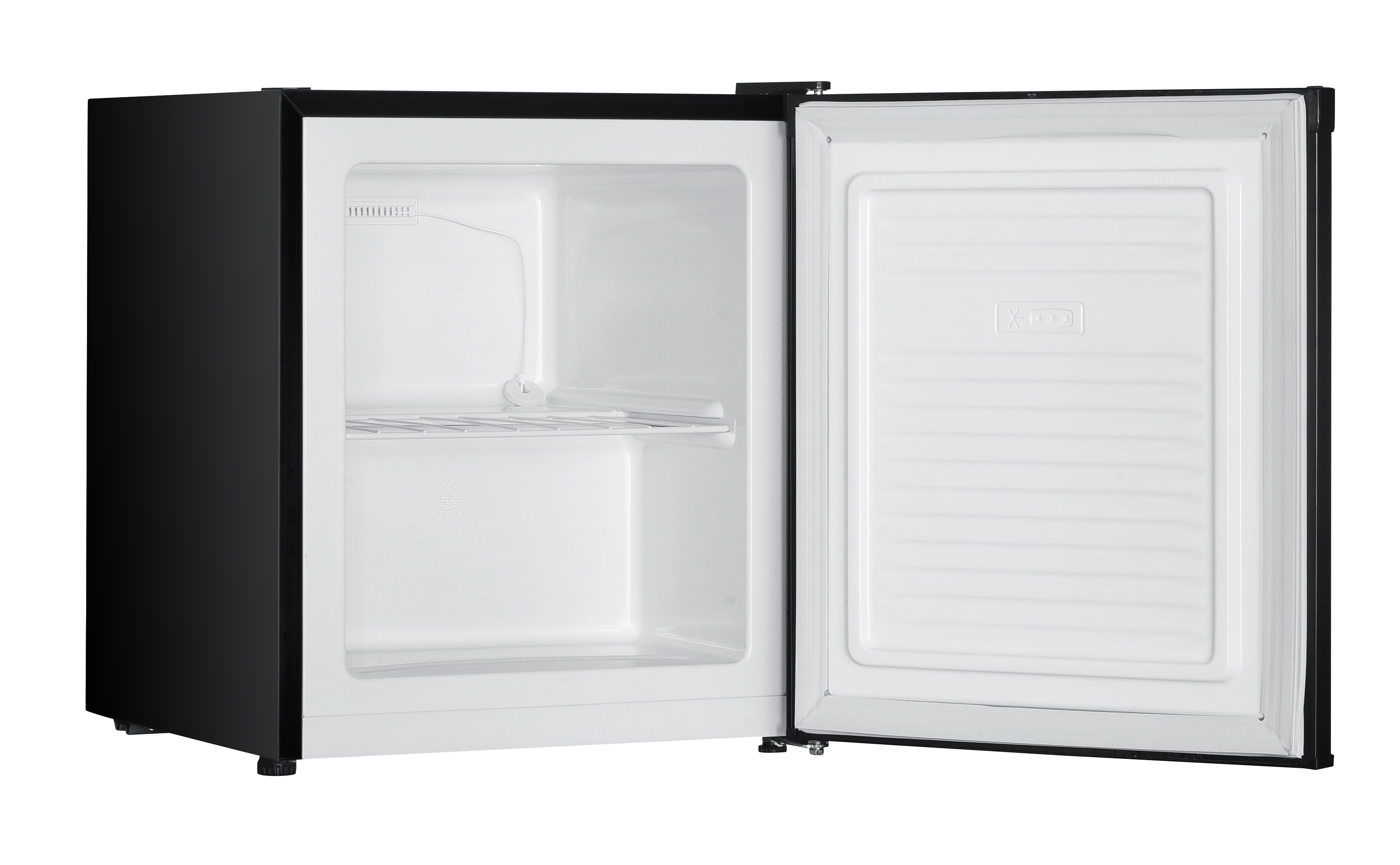 Ein schwarzer Mini-Kühlschrank mit offener Tür, leer.