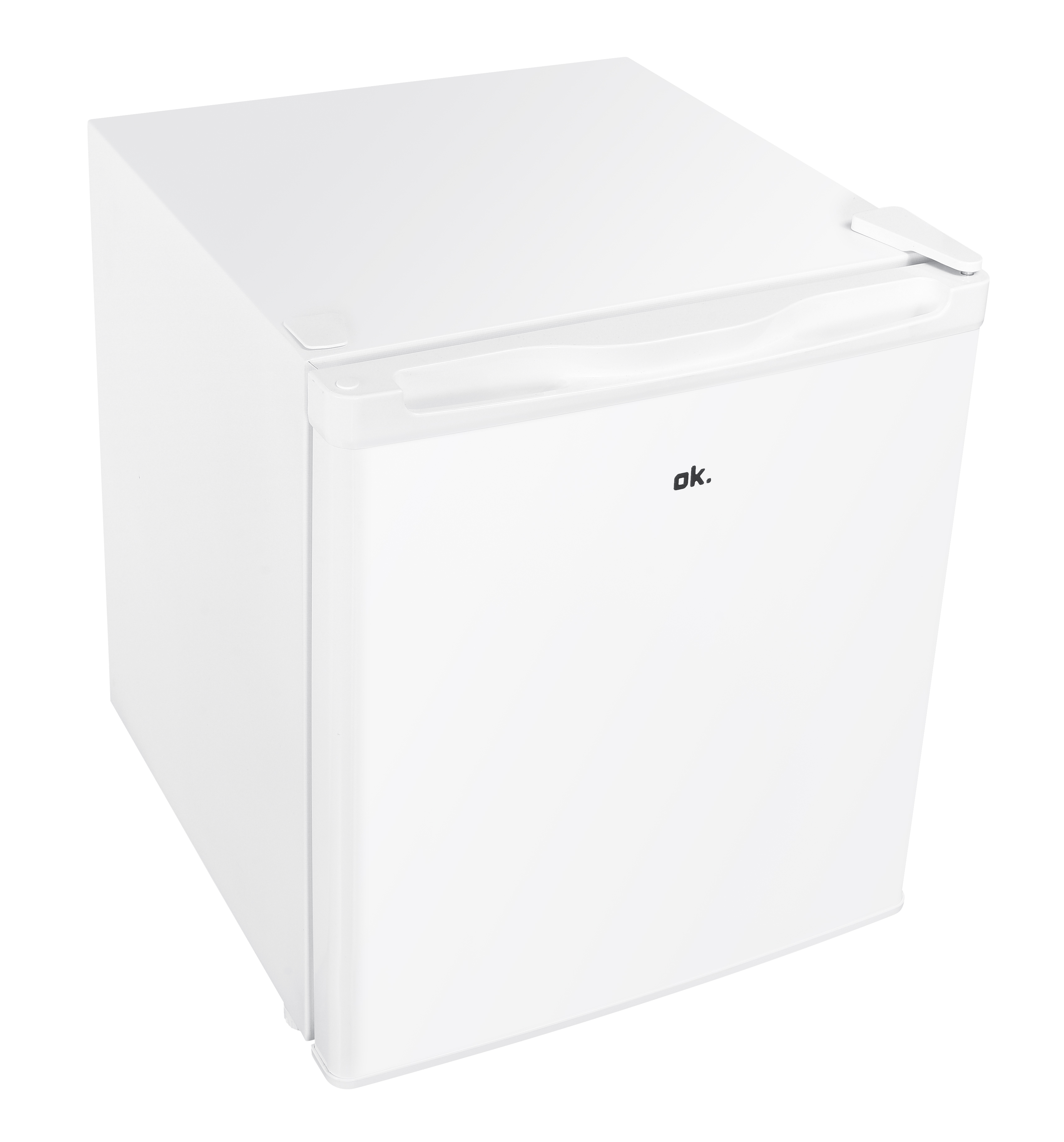 Ein weißer Minikühlschrank mit dem 'ok.'-Logo auf der Vorderseite.