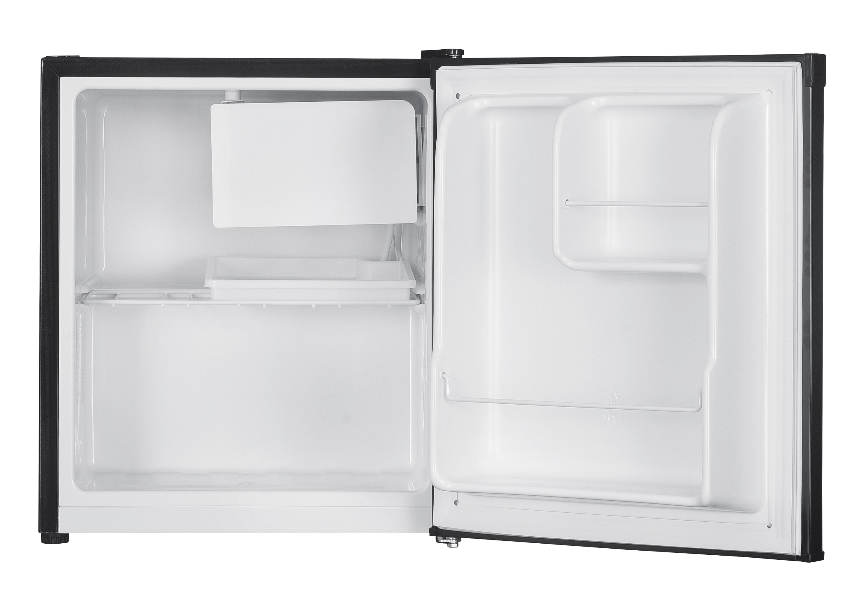 Ein offener, leerer Kühlschrank mit schwarzen Rahmen und weißen Innenfächern.