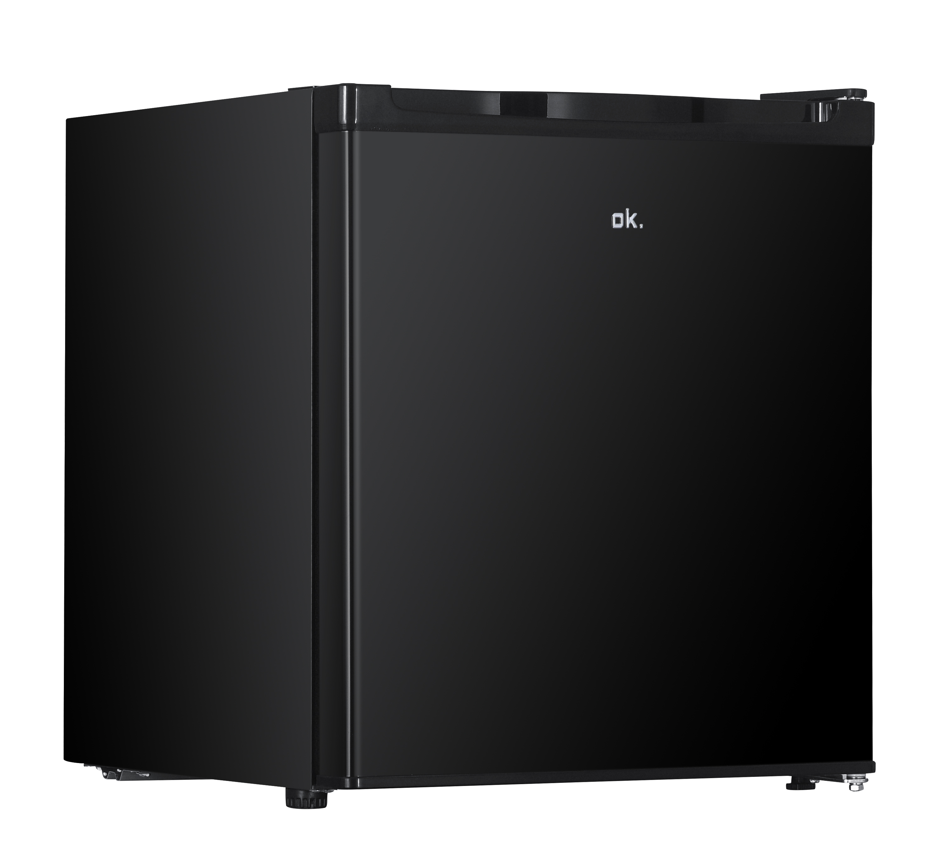 Ein kompakter, schwarzer Kühlschrank mit dem ok.-Logo auf der Vorderseite.