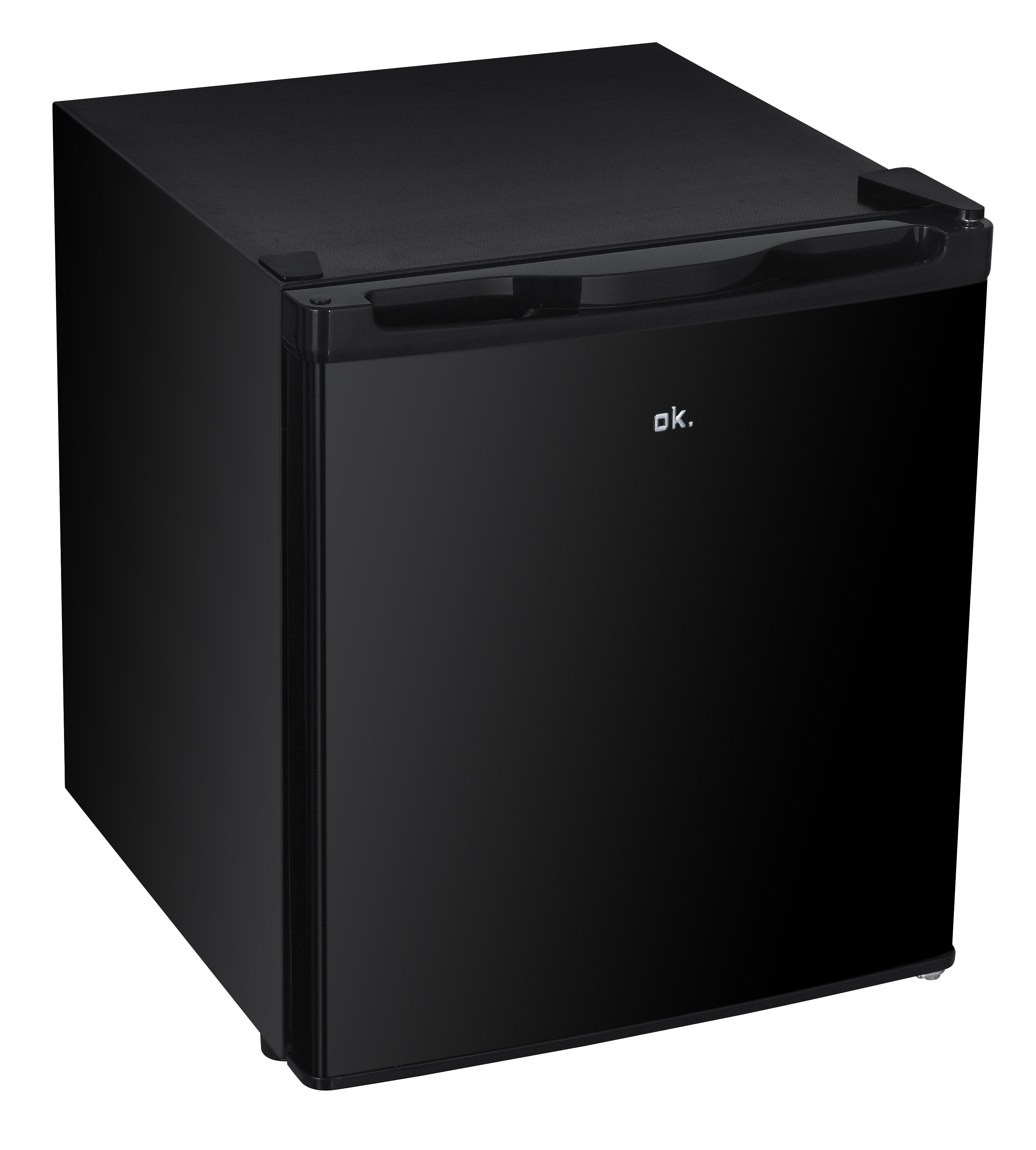 Kleiner schwarzer Kühlschrank mit silbernem Logo.