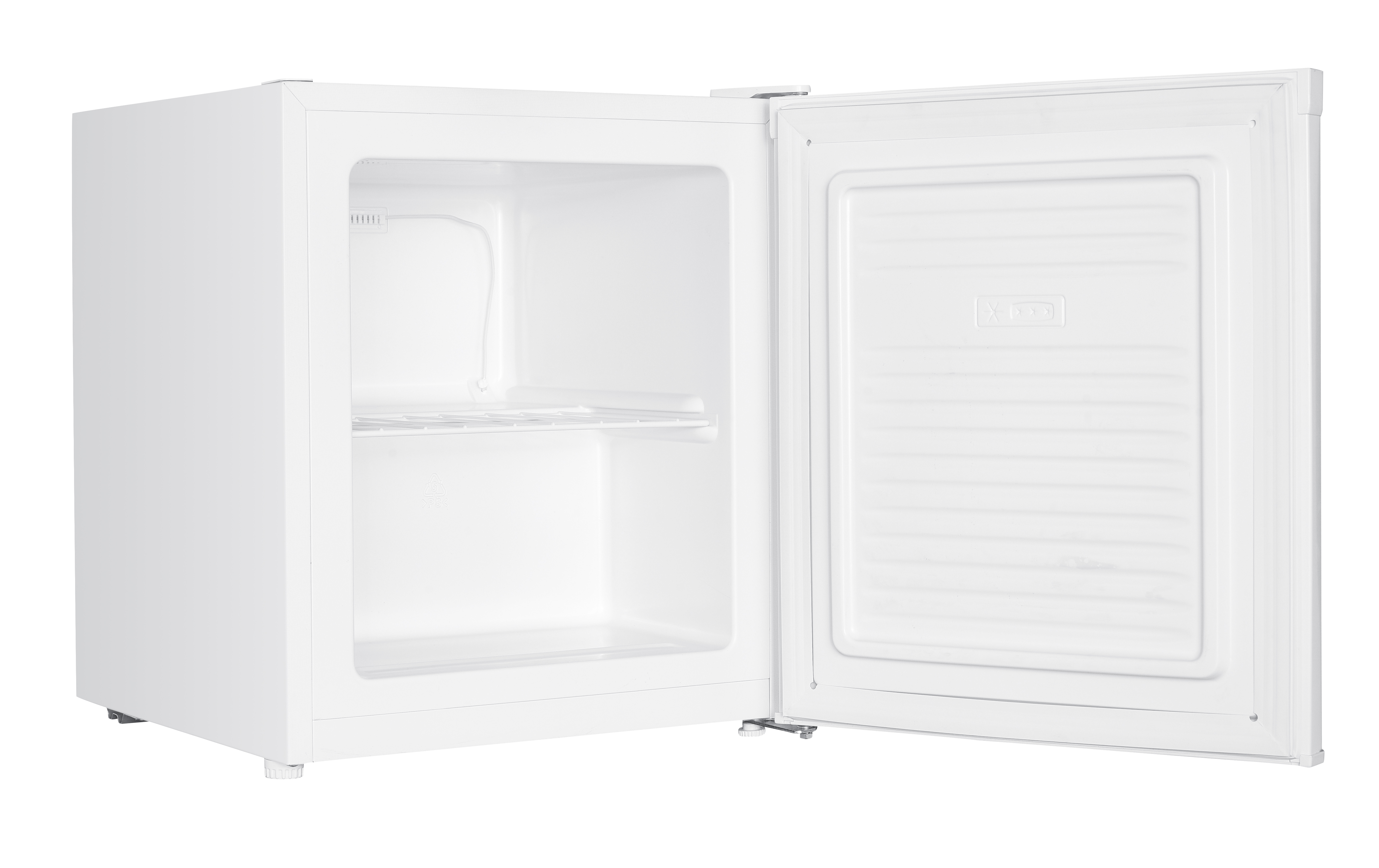 Ein leerer weißer Kühlschrank mit offener Tür und einem Regal.
