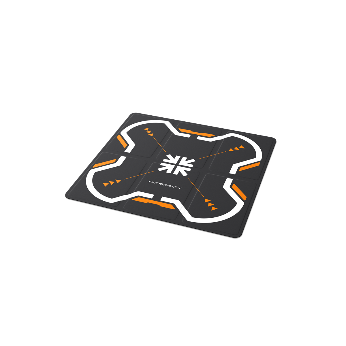 Una alfombrilla de aterrizaje negra con diseño estampado en blanco y naranja.
