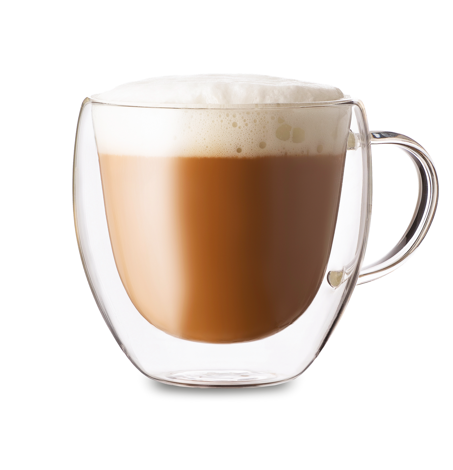 Una taza transparente con café y espuma, sobre fondo gris.