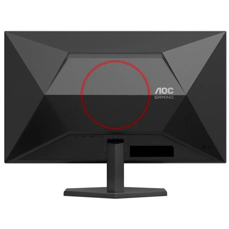 Parte posterior de un monitor gaming AOC negro con círculo rojo y puertos.