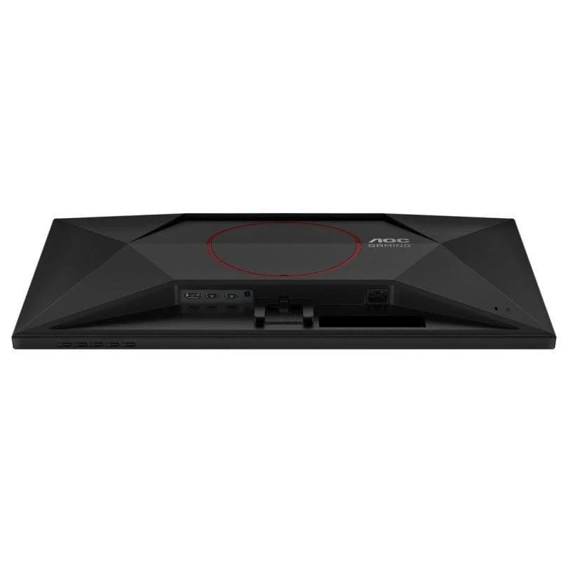 Parte trasera de un monitor AOC Gaming negro con puertos y círculo rojo.