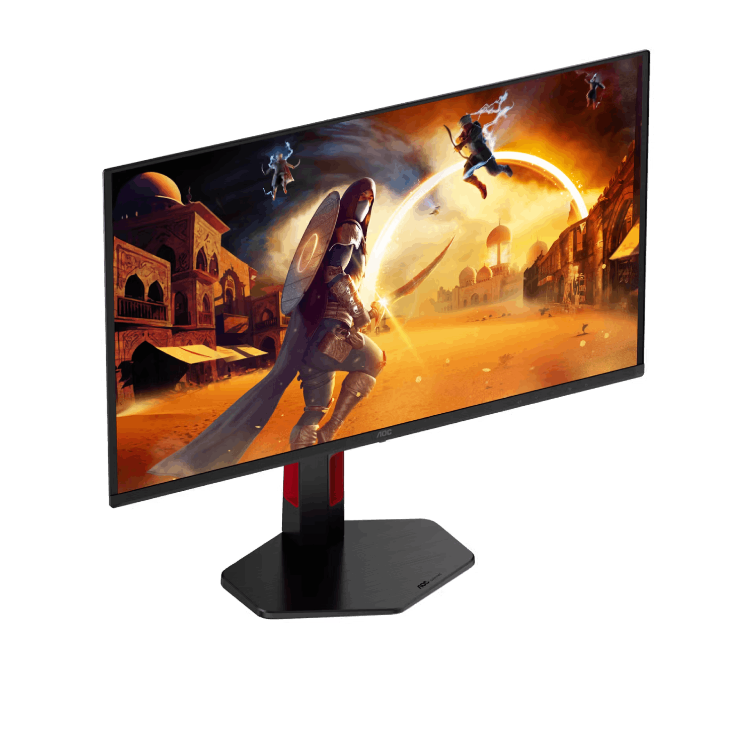 Un monitor muestra una escena de batalla de fantasía con guerreros y efectos mágicos.