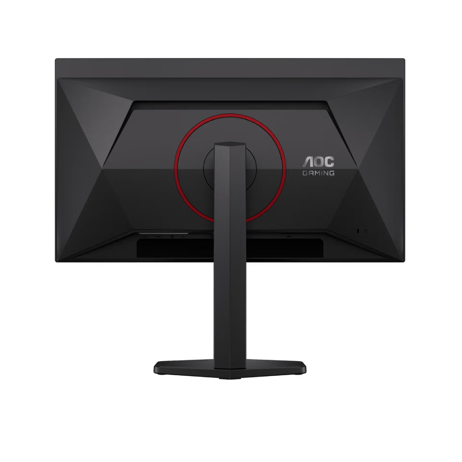 Reverso de un monitor AOC Gaming negro con acento de anillo rojo.
