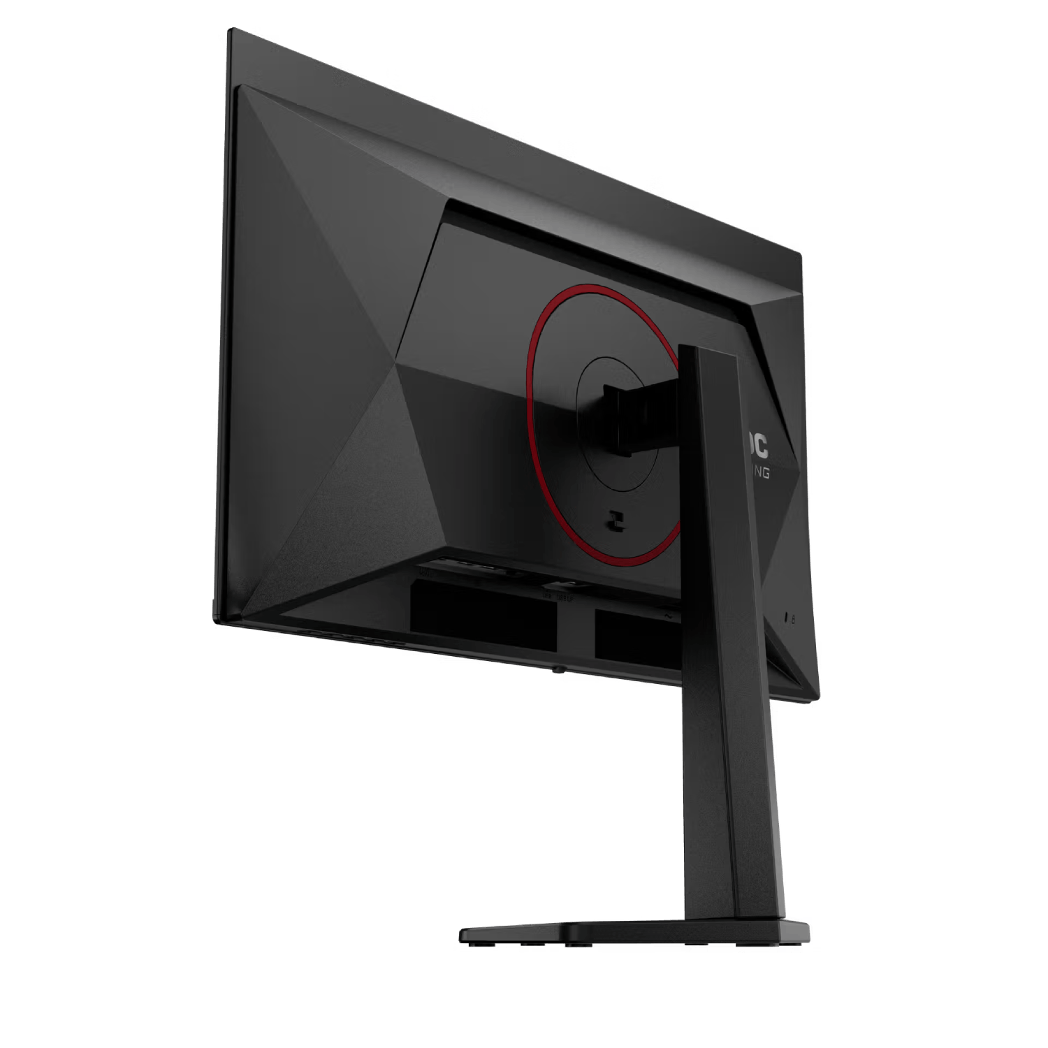 Parte trasera de un monitor negro con detalles rojos y un soporte.
