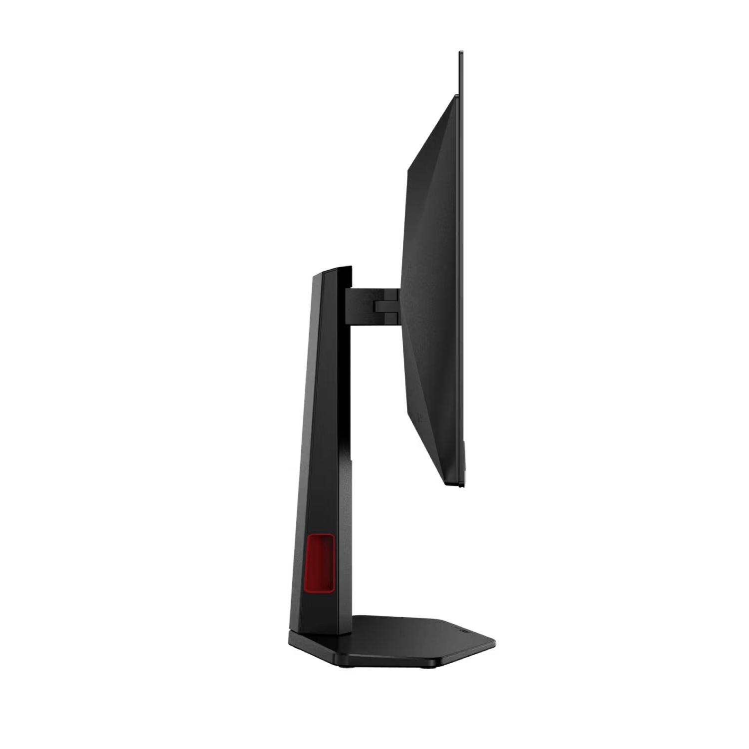 Monitor negro sobre soporte negro con acento rojo.