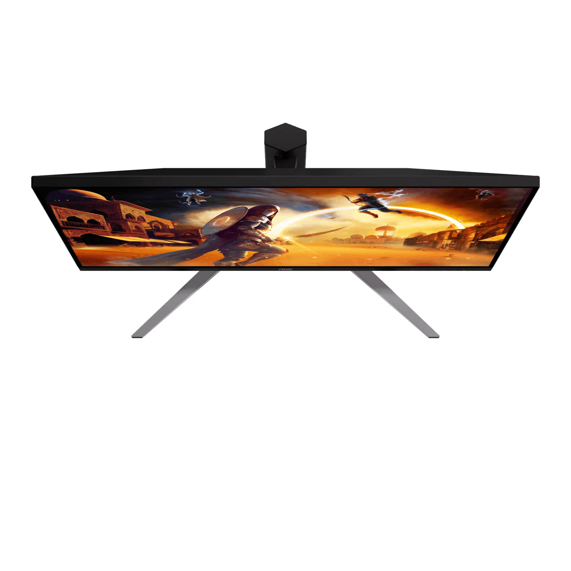 Monitor gaming con escena fantástica: guerreros luchan ante una ciudad oriental.