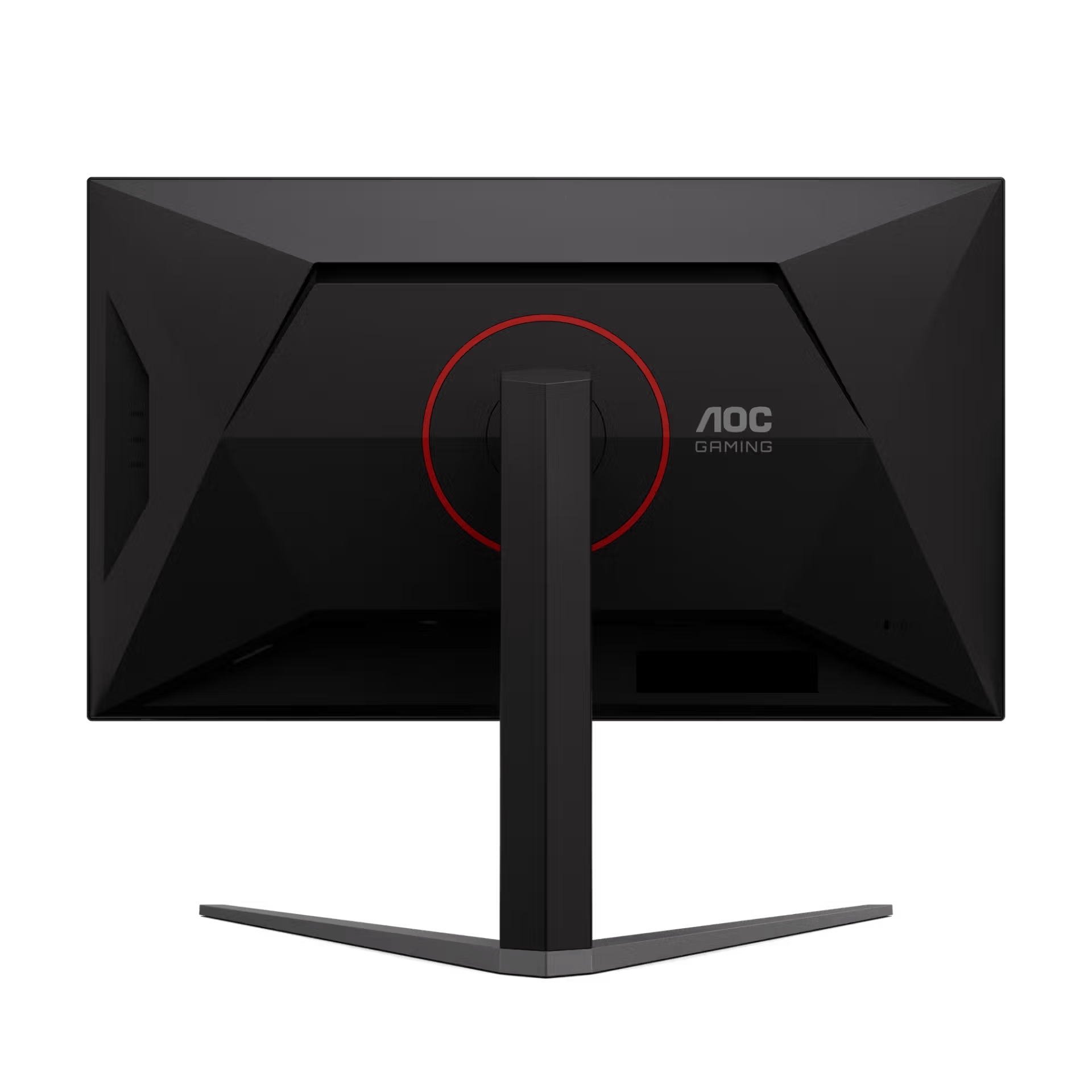 Parte trasera de un monitor gaming AOC negro con círculo y logo rojos.