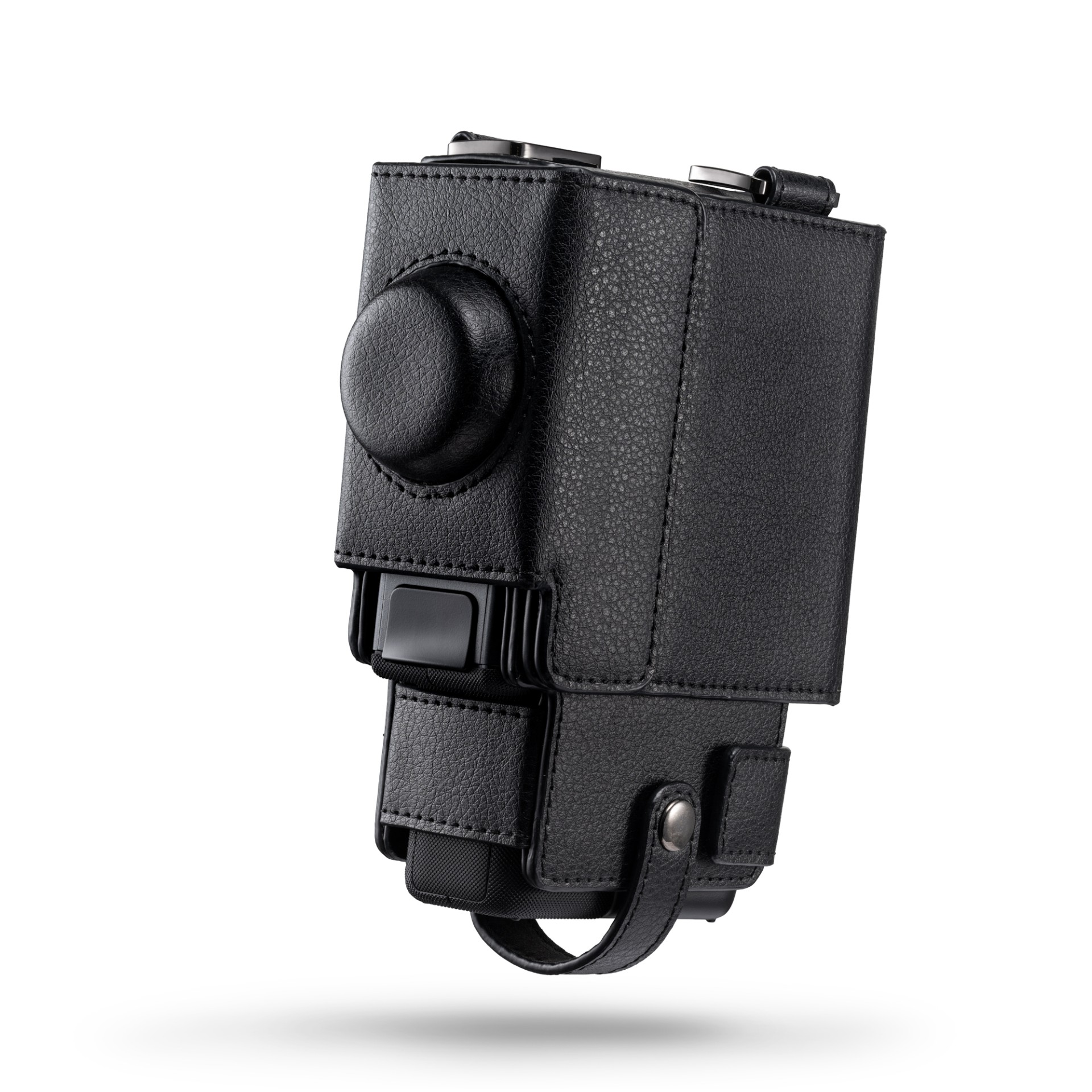 Funda de cuero negra para cámara con correas y hebillas.
