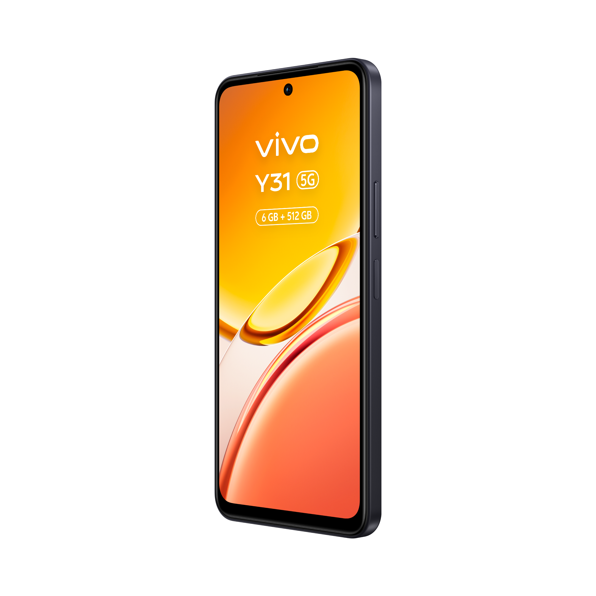 Un smartphone Vivo Y31 5G oscuro con fondo naranja.