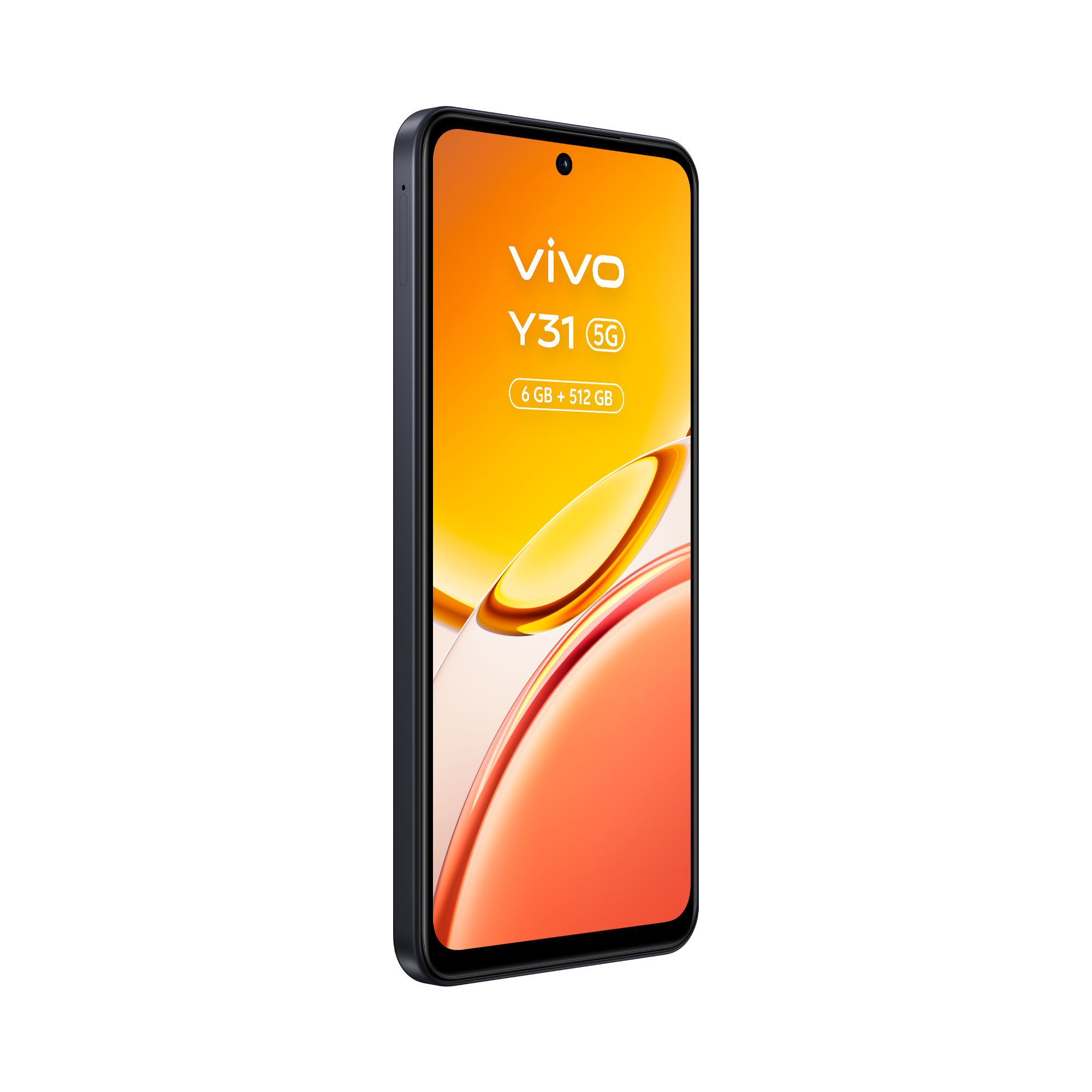 Smartphone oscuro con pantalla naranja que muestra Vivo Y31 5G.