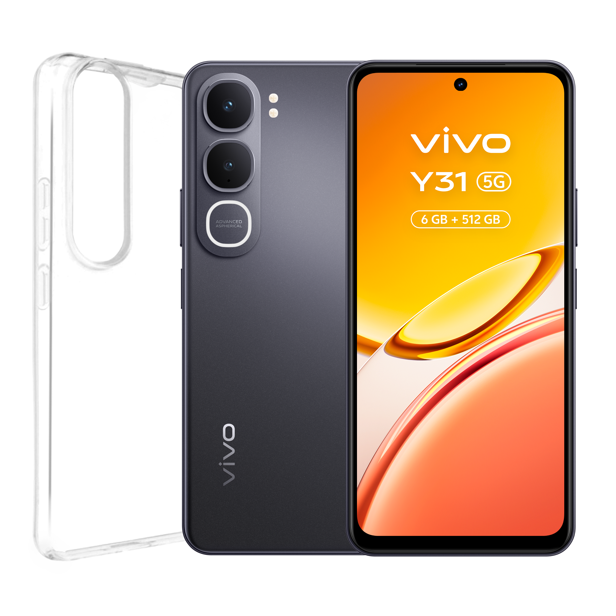 Un smartphone Vivo Y31 5G oscuro con funda transparente.