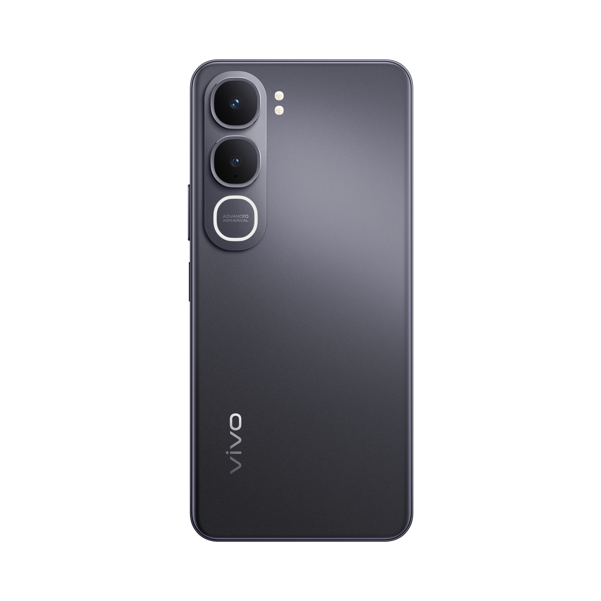 Parte trasera de un smartphone gris con tres cámaras y el logo de Vivo.