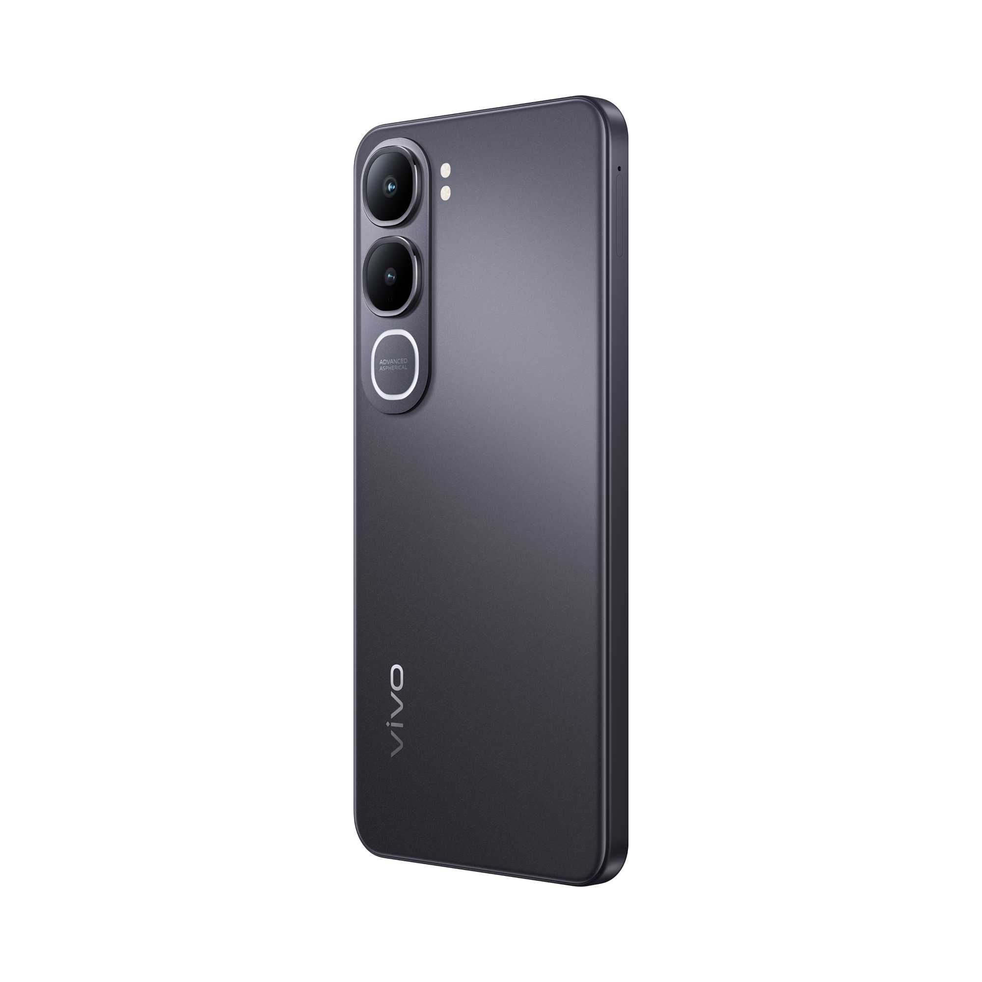 Teléfono inteligente gris oscuro con triple cámara y logo VIVO sobre fondo blanco.