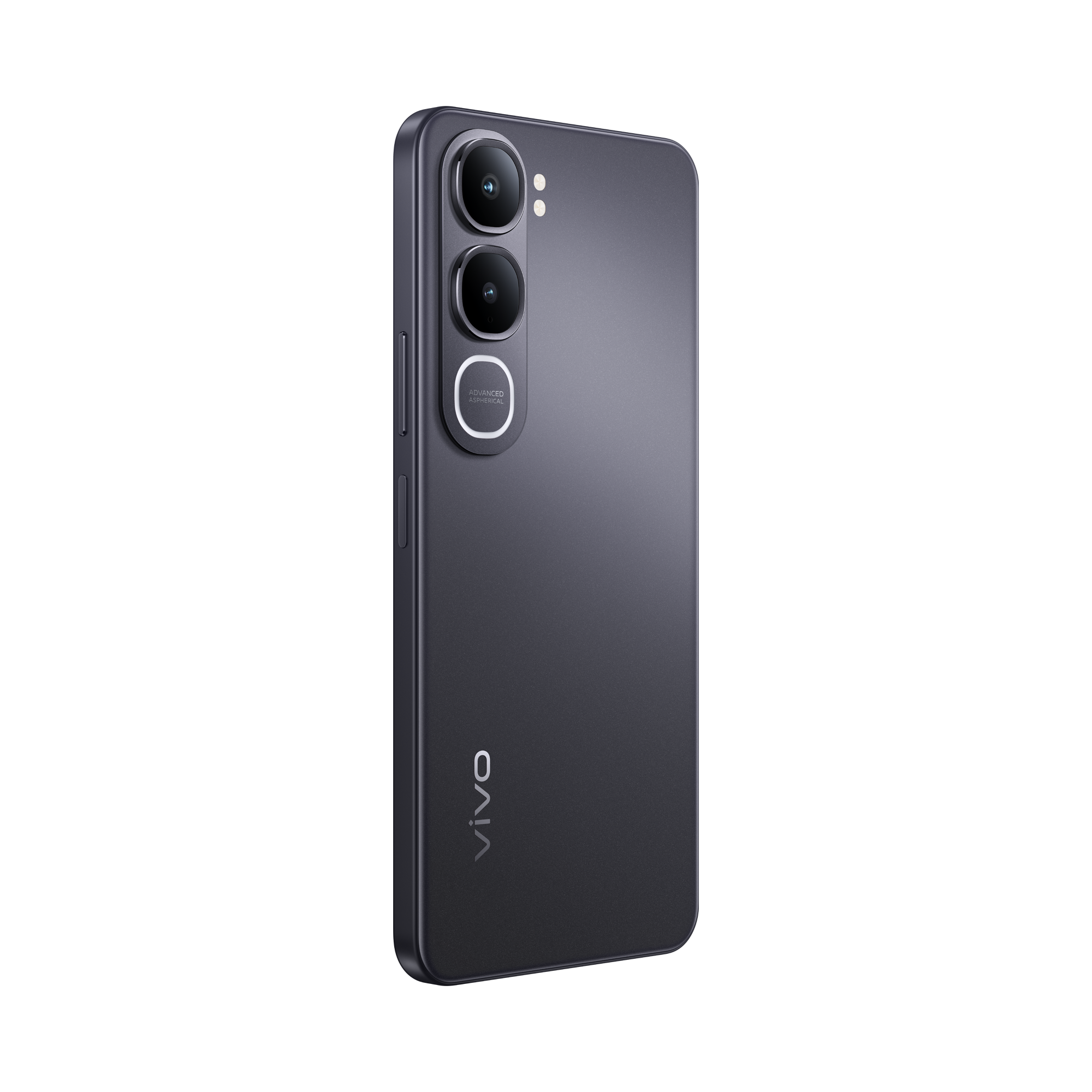 Teléfono inteligente gris oscuro con triple cámara y logo 'vivo'.