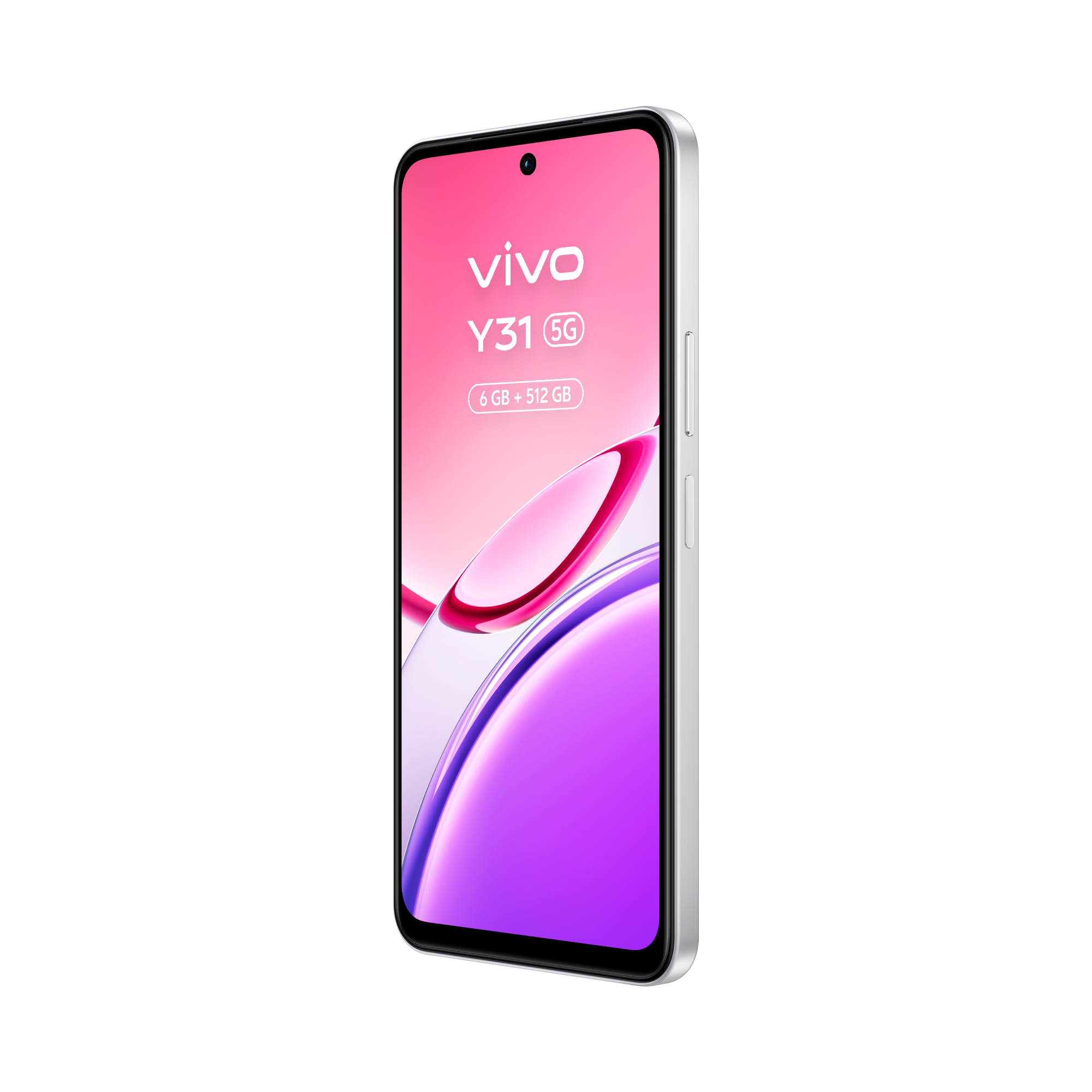 Un smartphone Vivo Y31 5G plateado con gráficos de fondo rosa y morado.