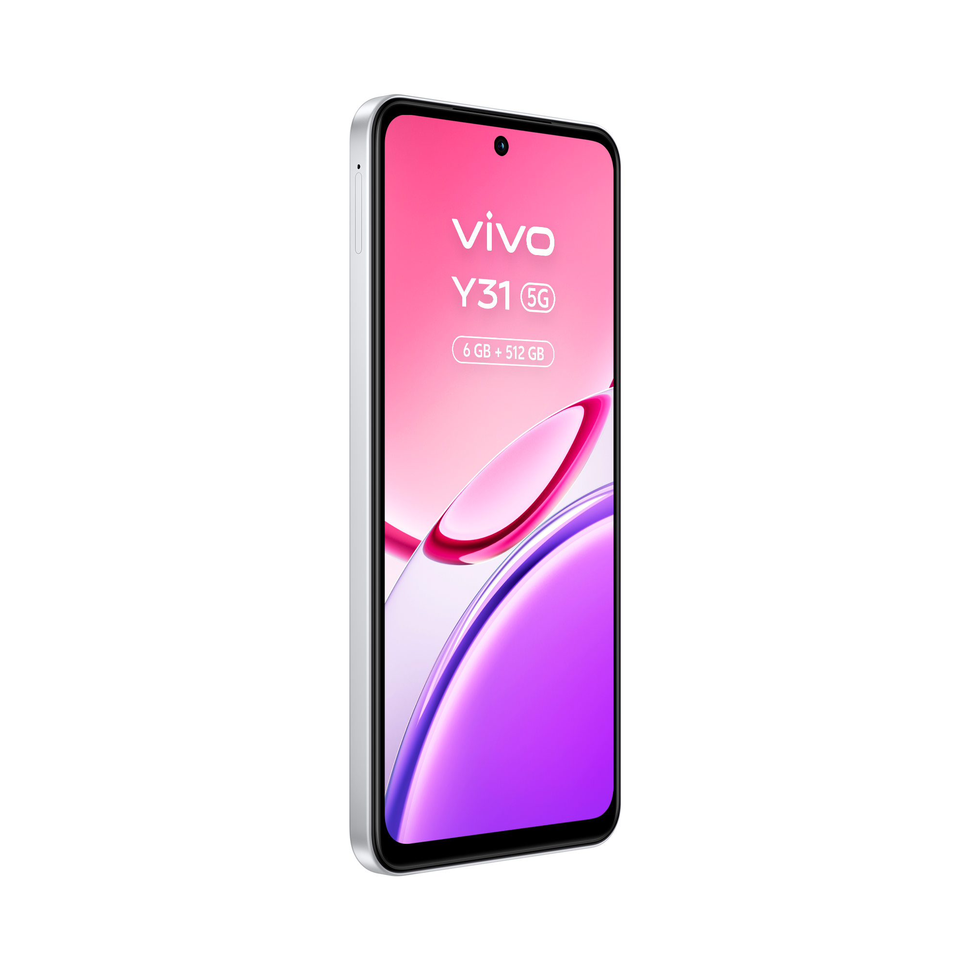 Un smartphone Vivo Y31 5G plateado con fondo rosa y morado.