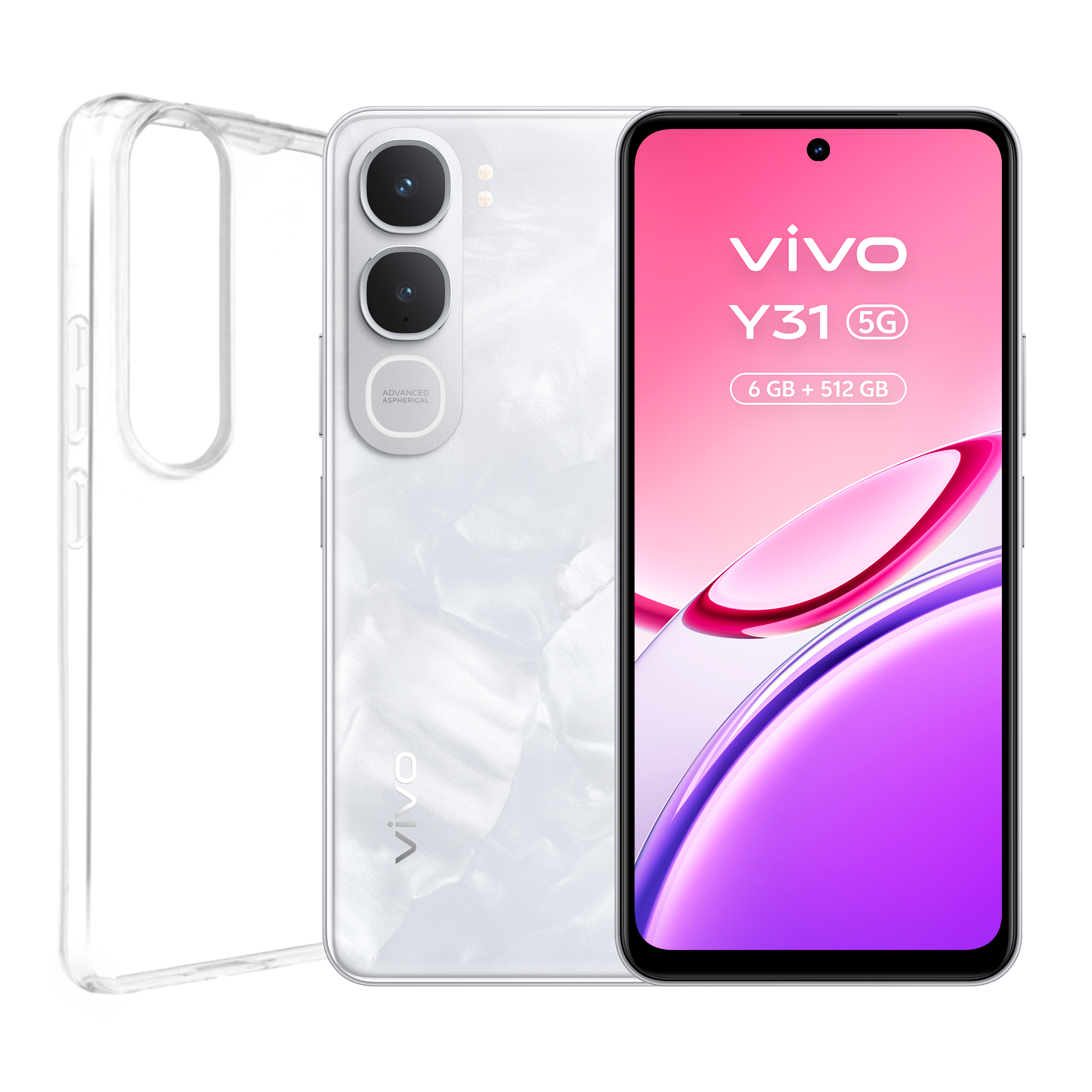 Un smartphone blanco con funda transparente. La parte trasera tiene tres cámaras y el logo de Vivo.