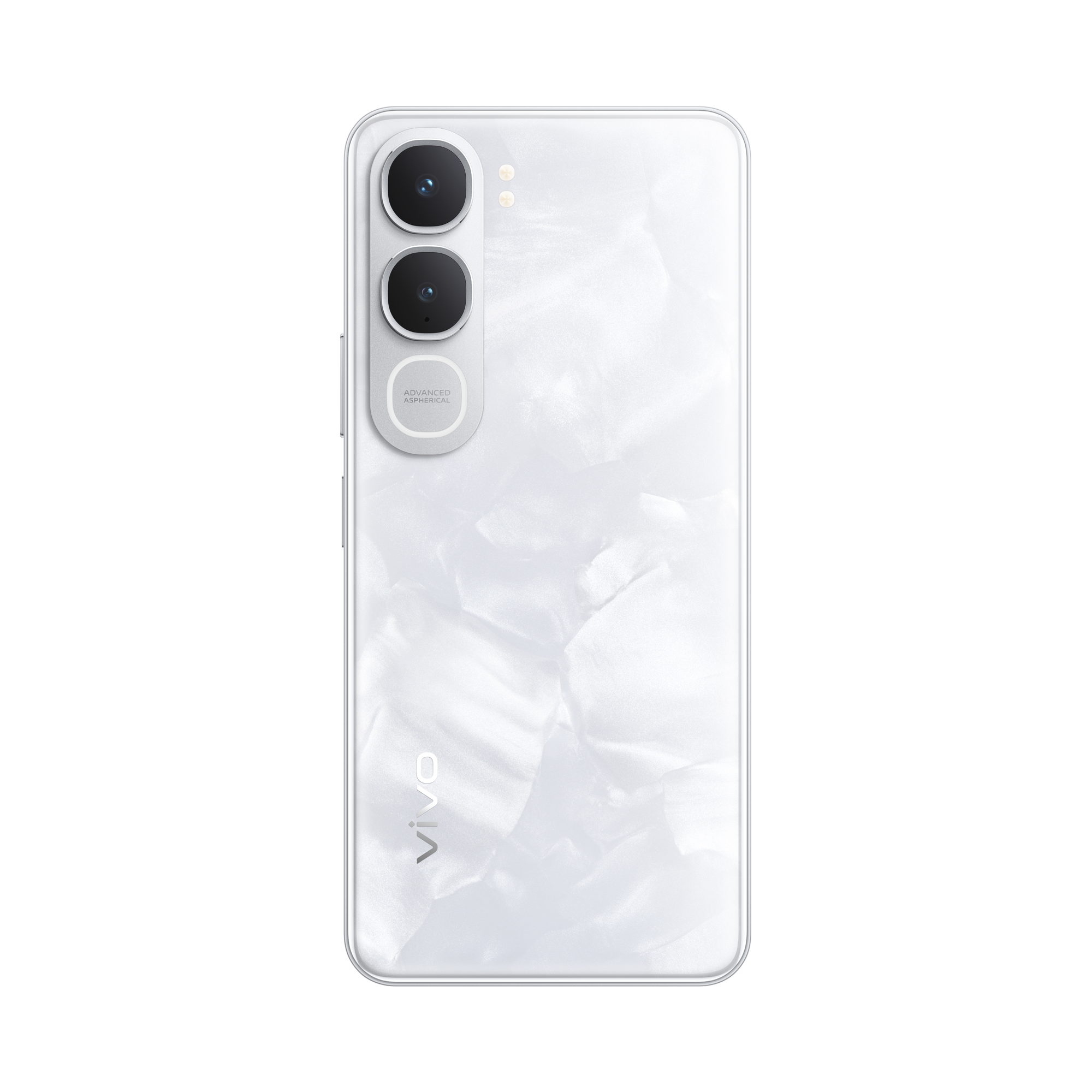 Reverso blanco de smartphone con tres cámaras y logo VIVO.