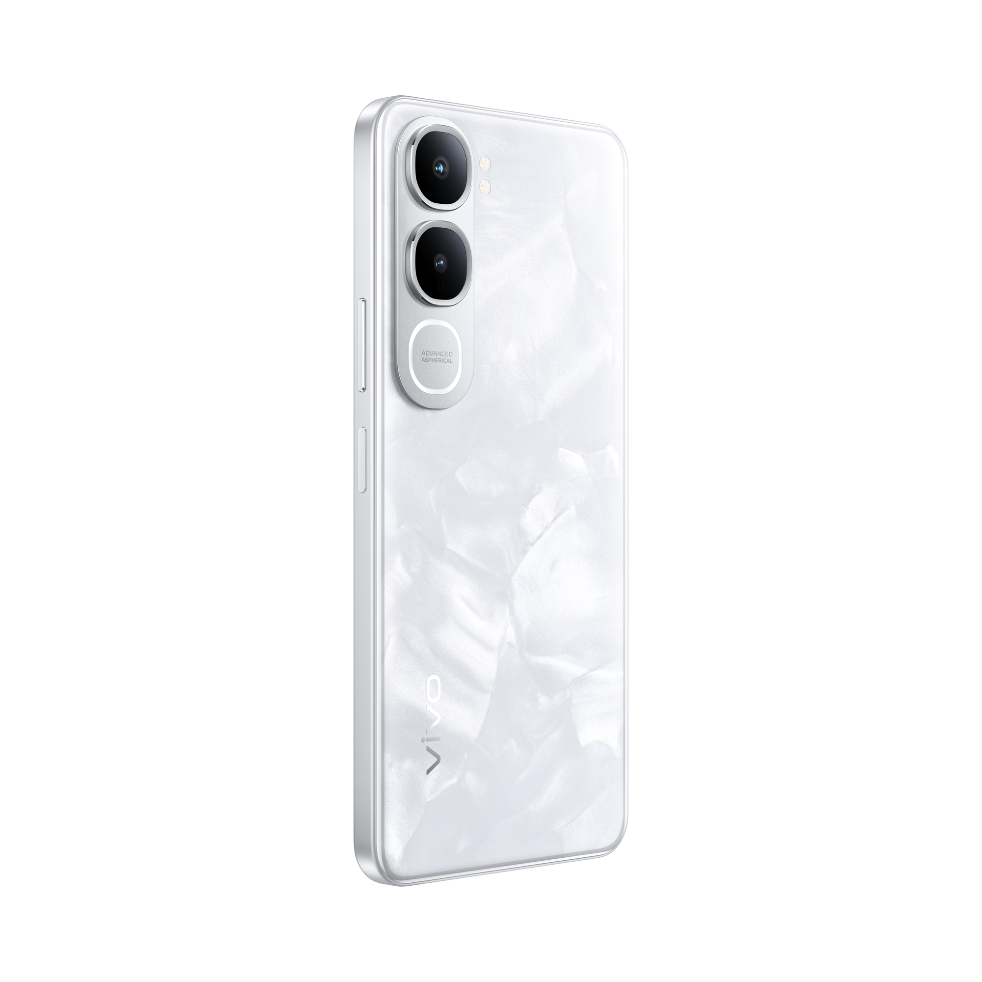 Un smartphone blanco con triple cámara y parte trasera nacarada.