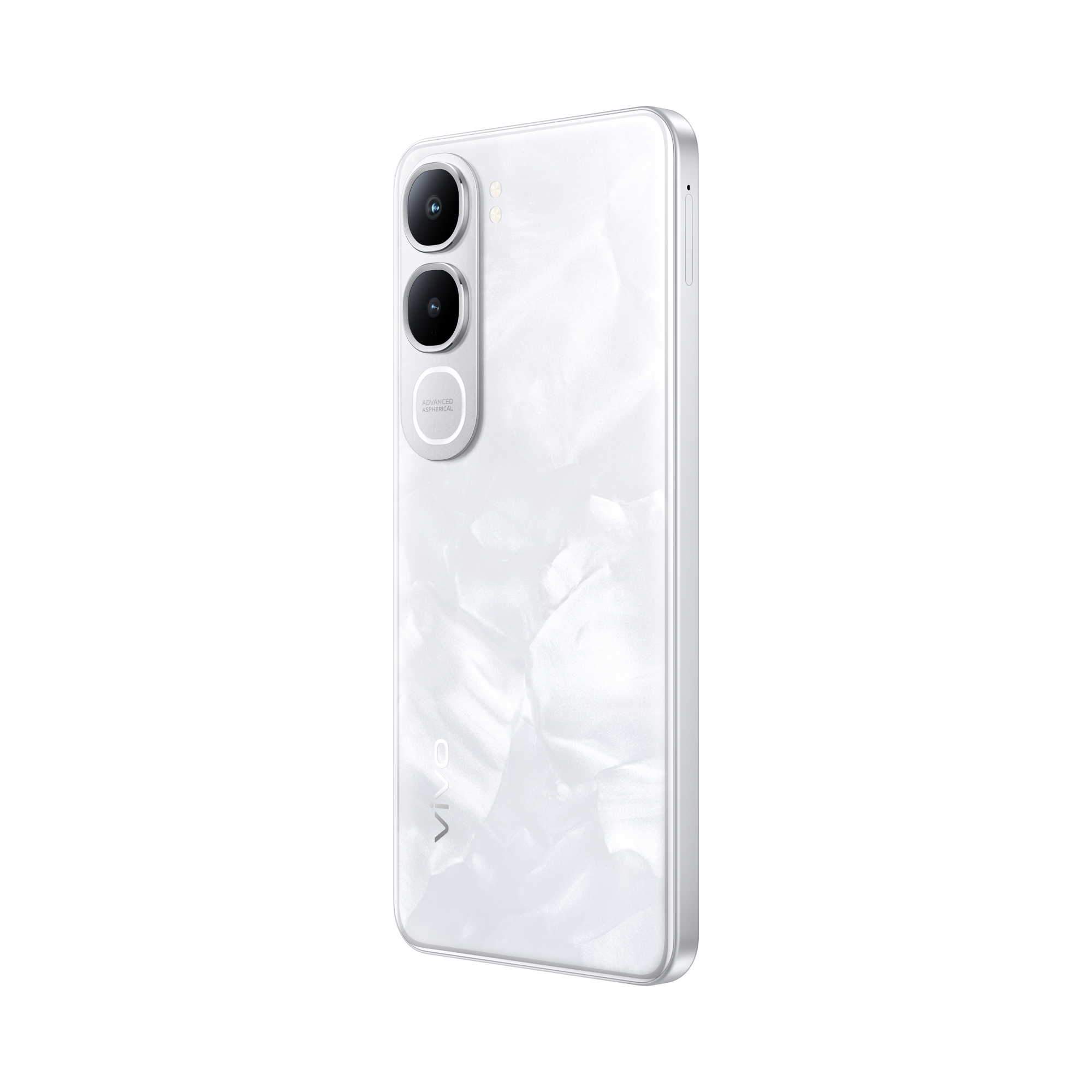 Un smartphone blanco con parte trasera nacarada y tres cámaras.