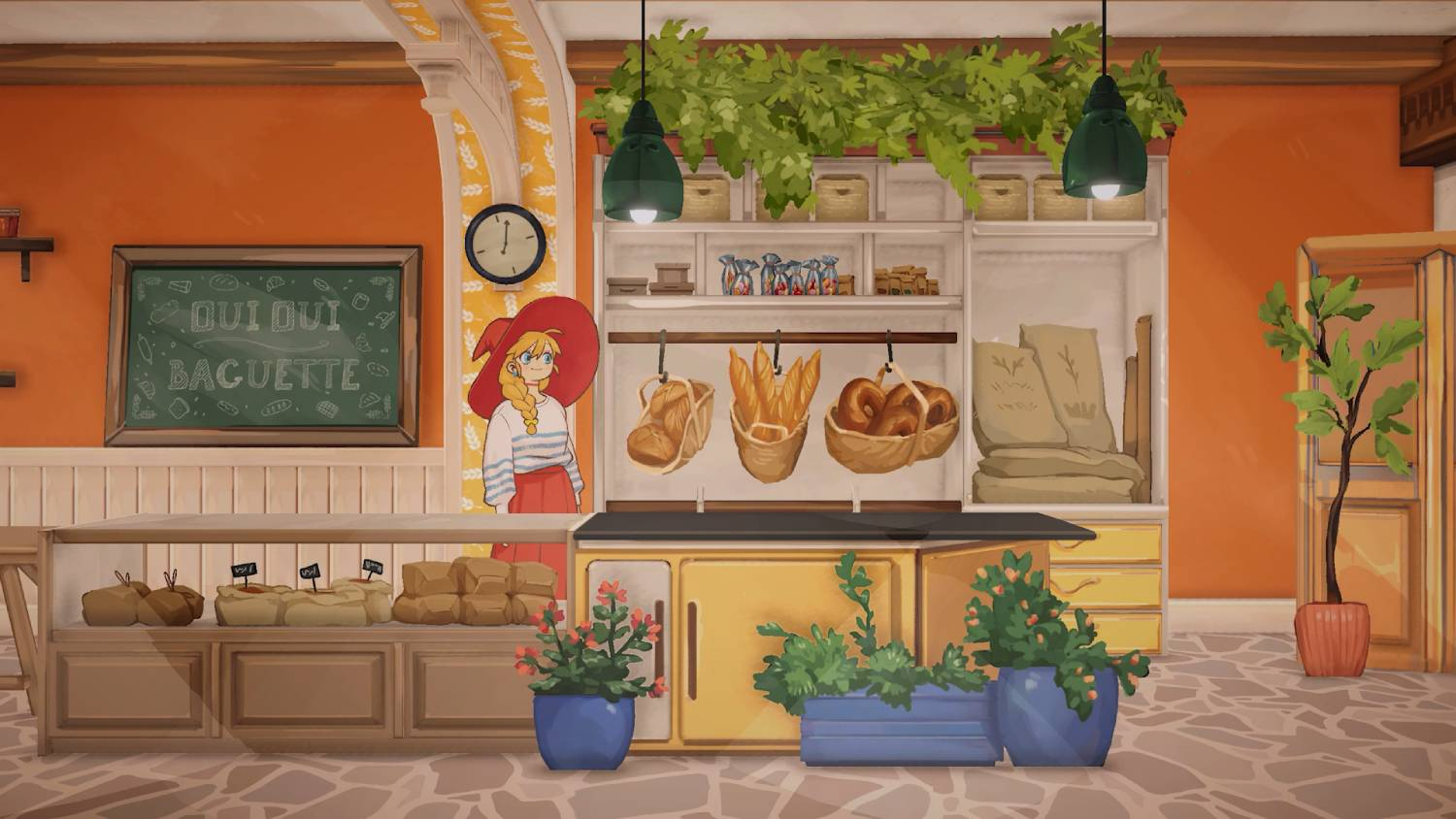 Una panadería con una mujer, pan, plantas y pizarra verde.