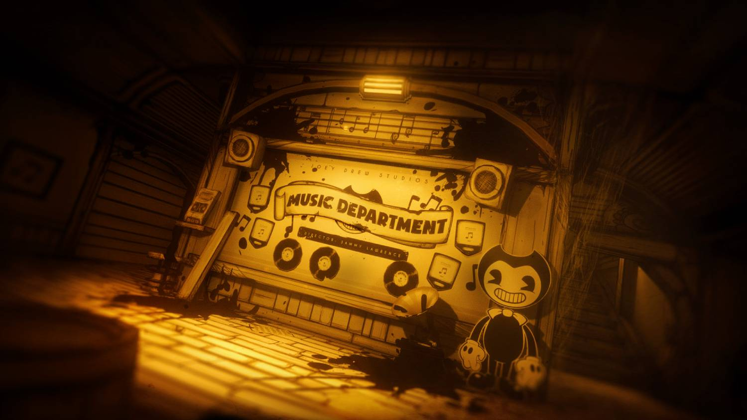 Un personaje de dibujos animados frente a un cartel de "Departamento de Música" con notas.