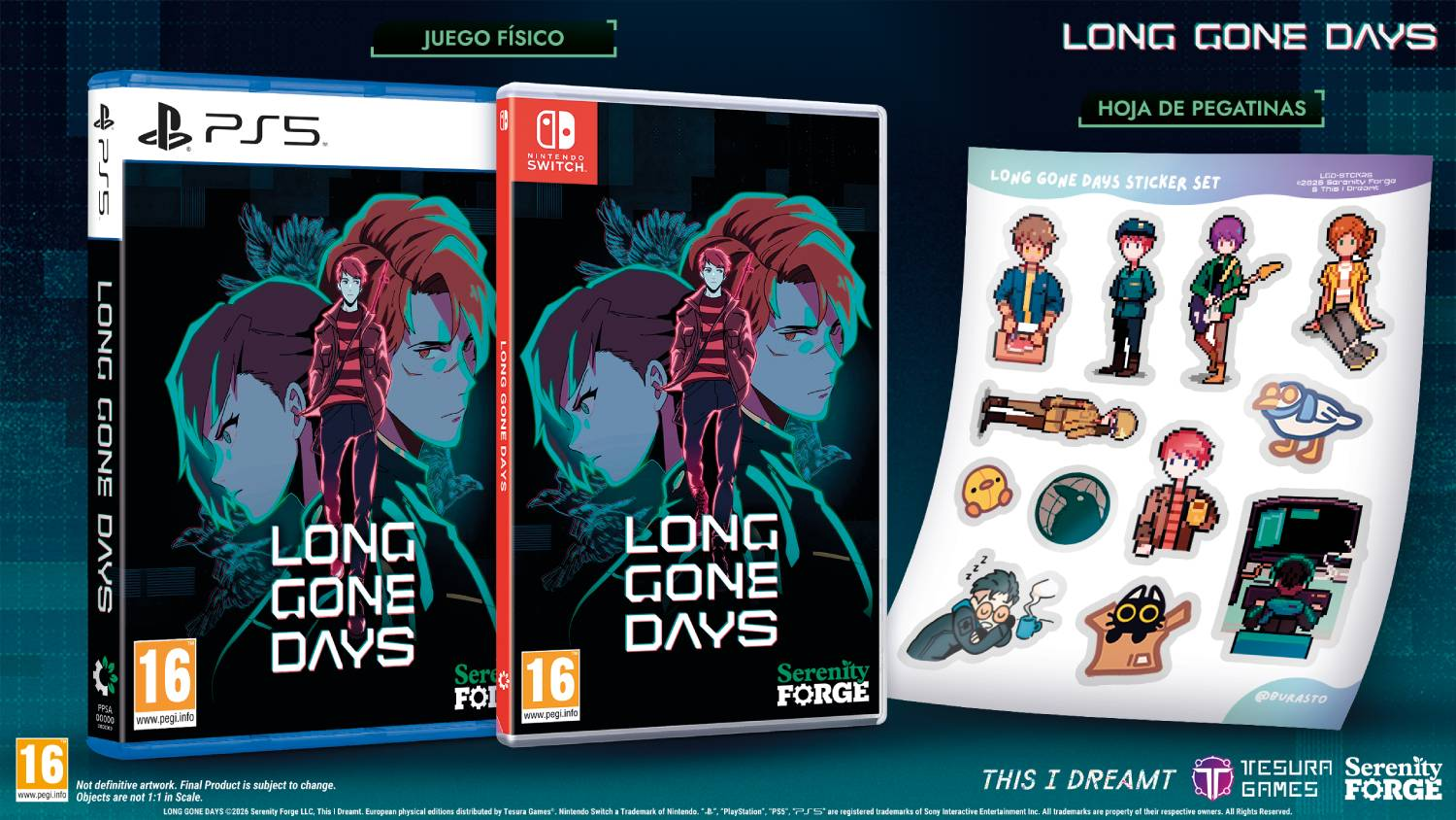 Cajas de juegos PS5 y Switch y hoja de pegatinas con personajes pixelados.