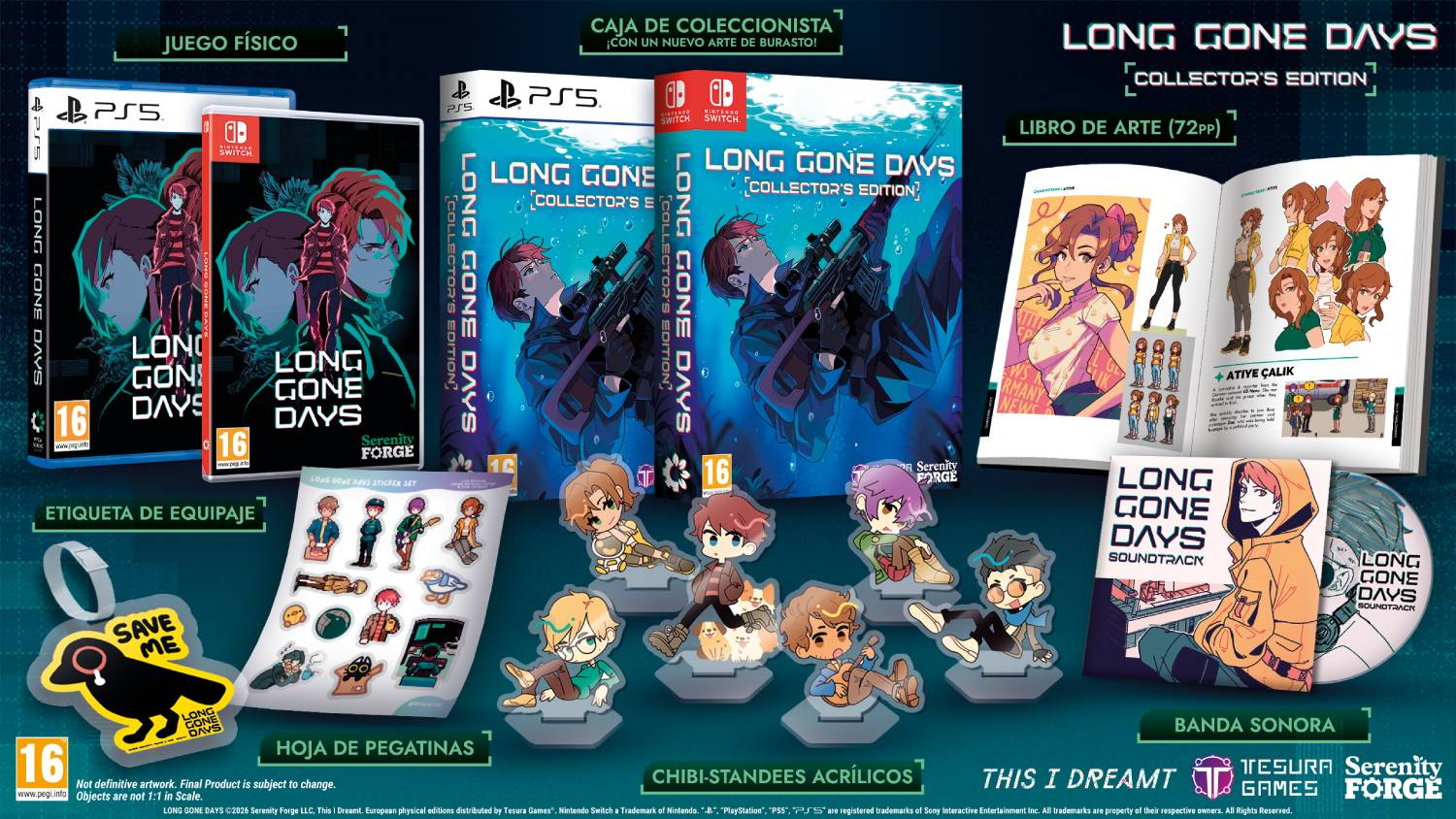 Edición coleccionista de Long Gone Days con cajas de juego, libro de arte, pegatinas, figuras acrílicas y CD.