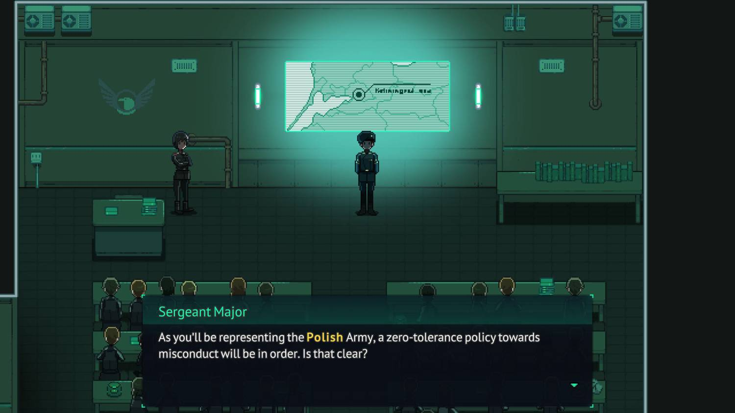 Soldados en una sala con un mapa. Un sargento habla.